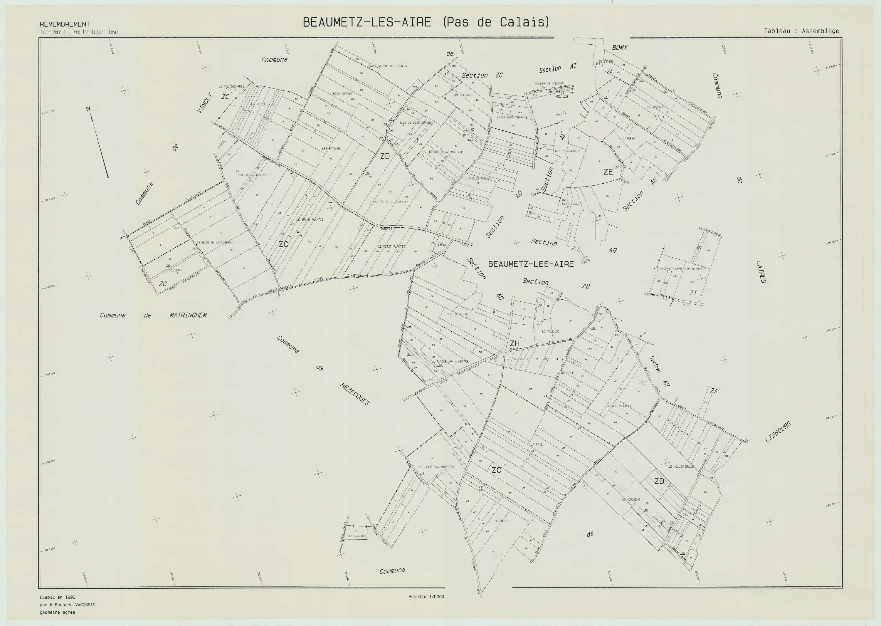 Beaumetz-lès-Aire - Plan cadastral : tableau d'assemblage postérieur au remembrement.