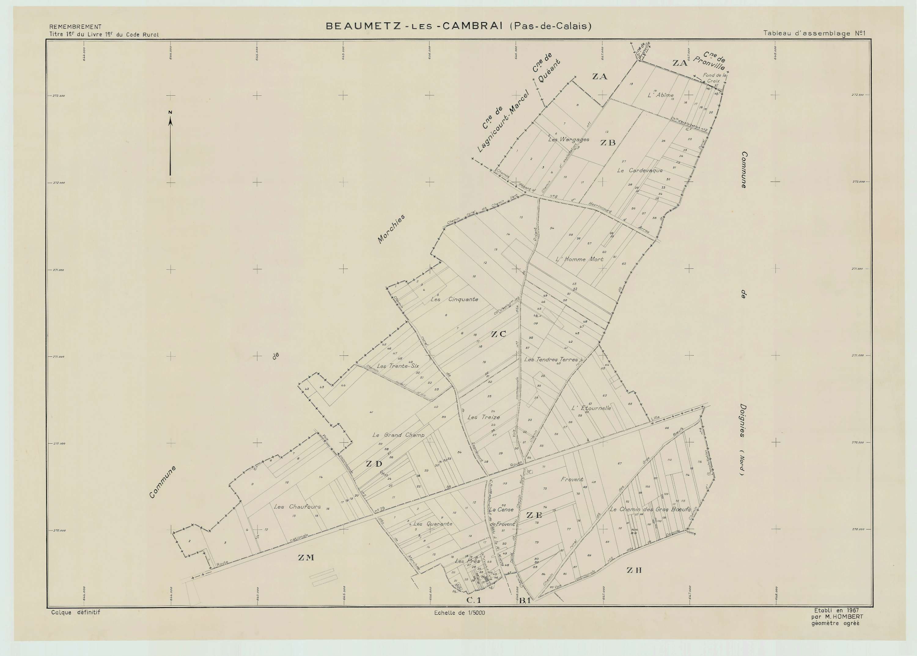 Beaumetz-lès-Cambrai - Plan cadastral : tableau d'assemblage antérieur au remembrement.