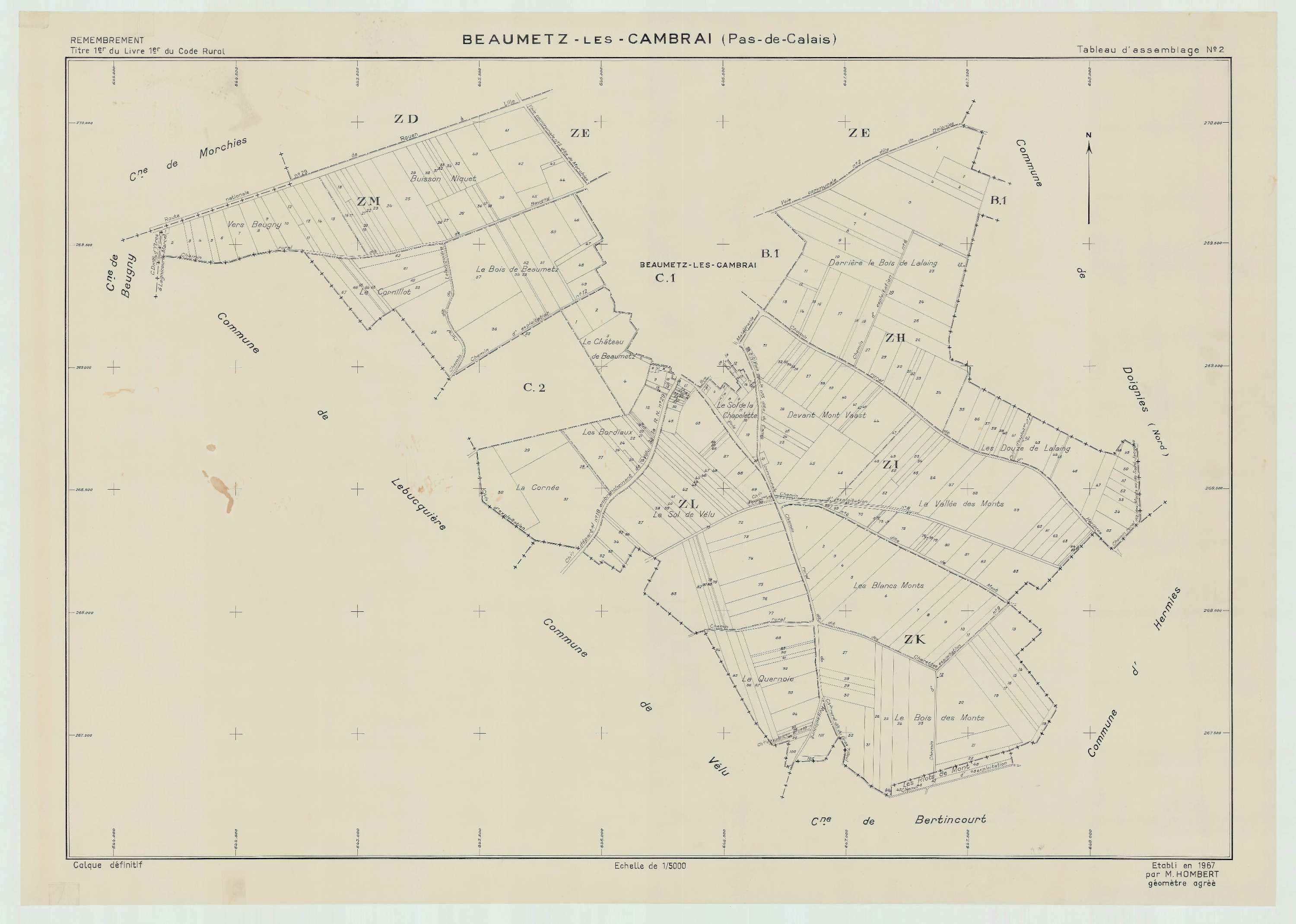 Beaumetz-lès-Cambrai - Plan cadastral : tableau d'assemblage postérieur au remembrement.