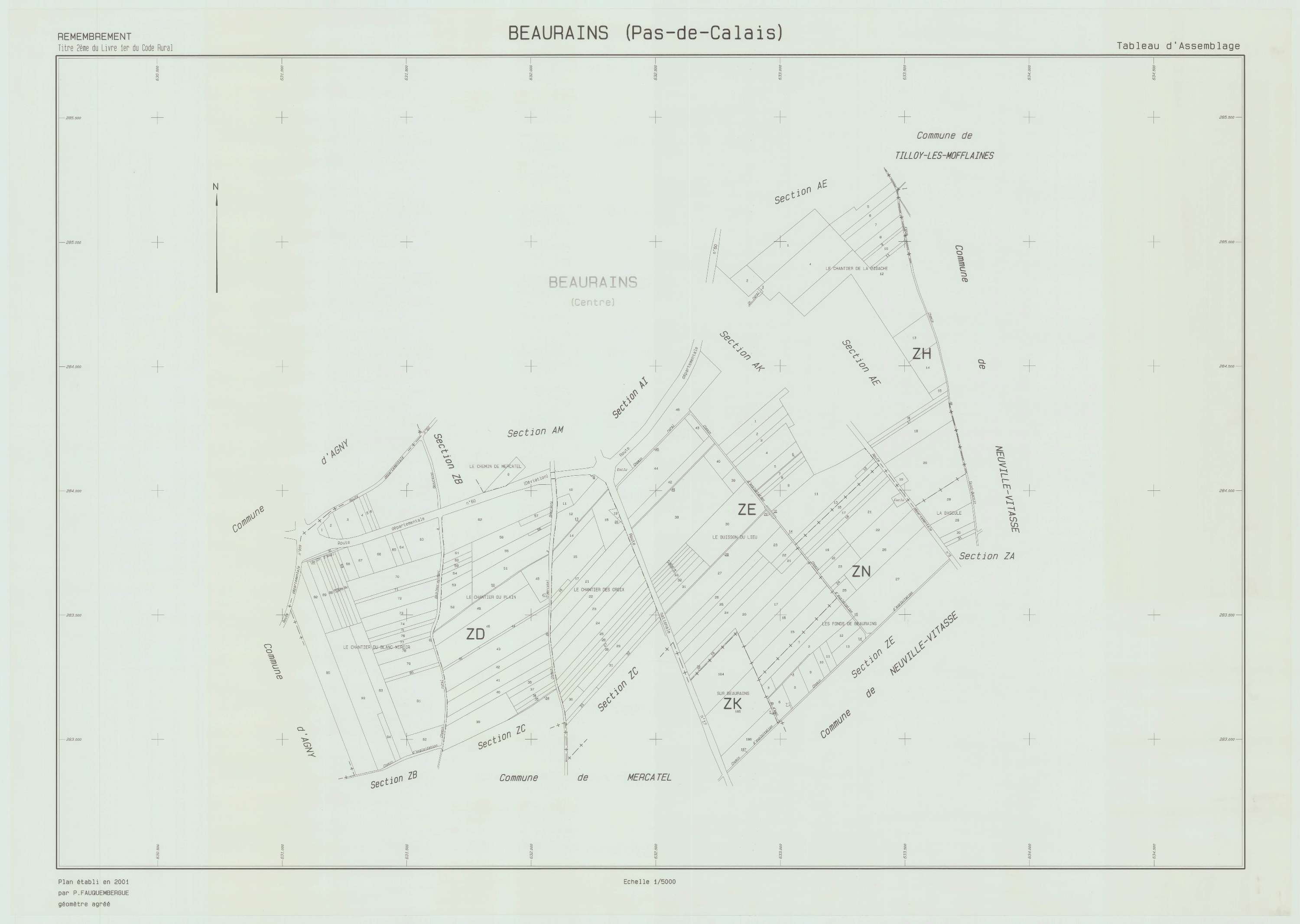 Beaurains - Plan cadastral : tableau d'assemblage postérieur au remembrement.