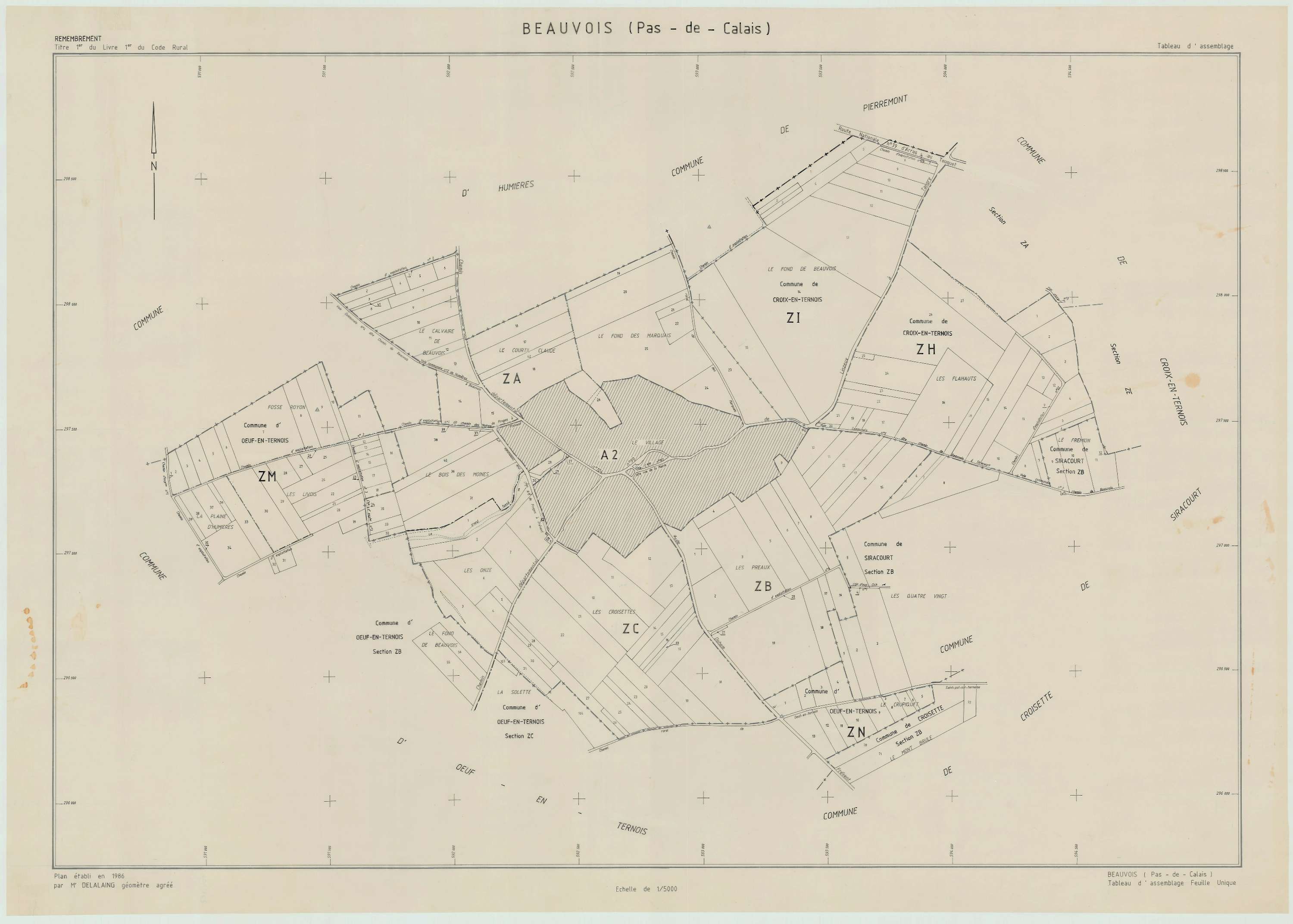 Beauvois - Plan cadastral : tableau d'assemblage postérieur au remembrement.