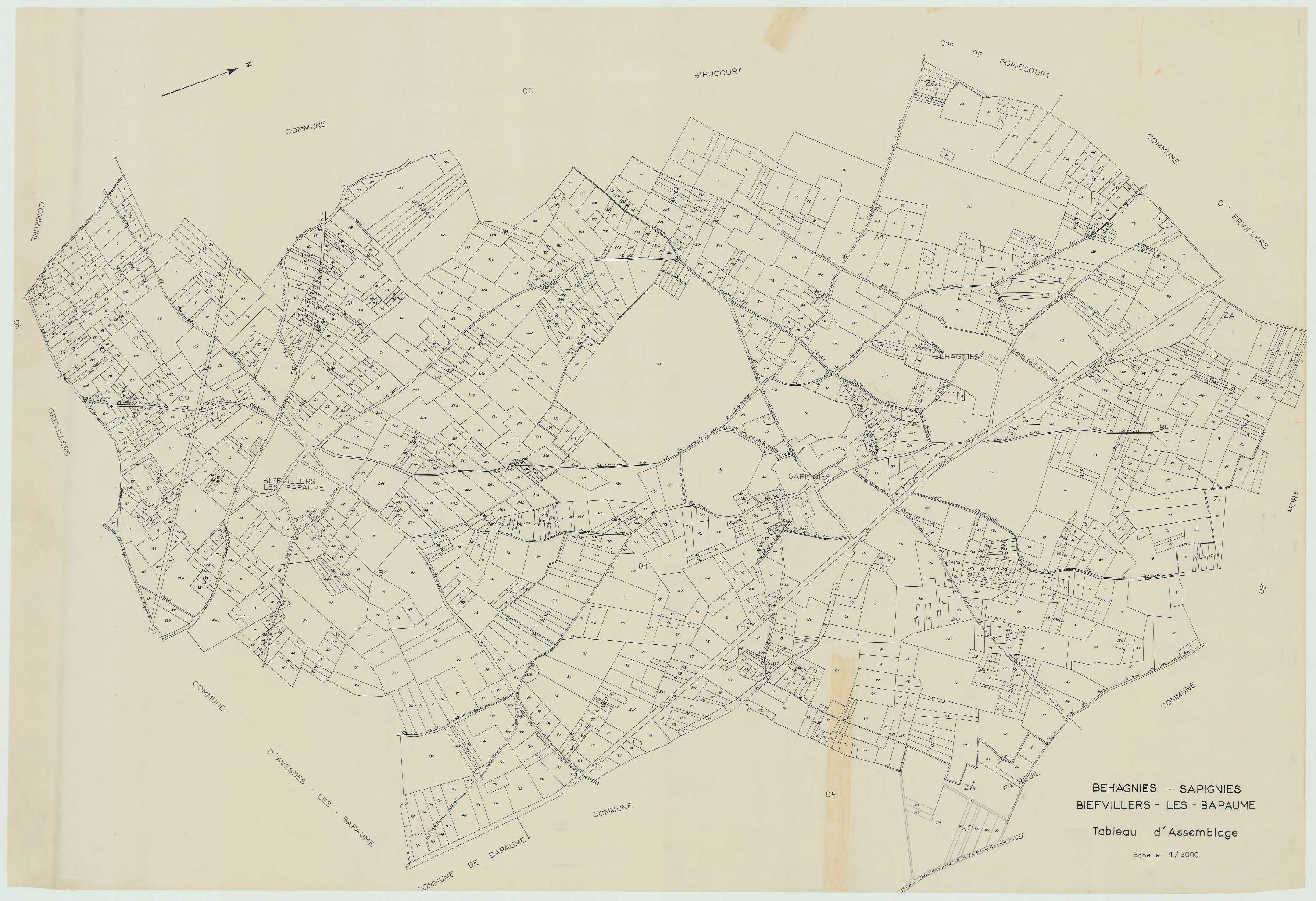 Béhagnies - Plan cadastral : tableau d'assemblage antérieur au remembrement.