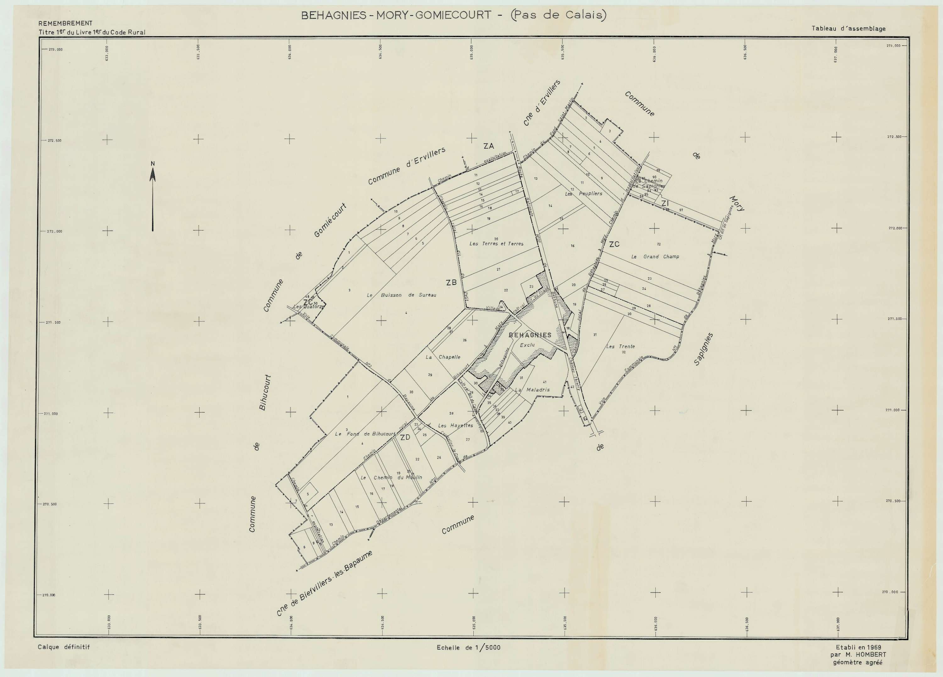 Béhagnies - Plan cadastral : tableau d'assemblage postérieur au remembrement.