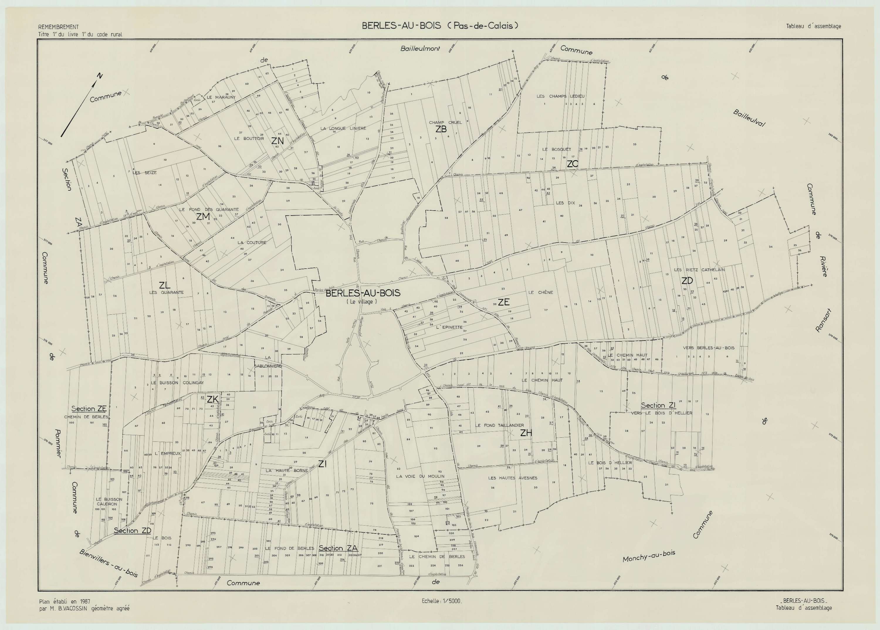 Berles-au-Bois - Plan cadastral : tableau d'assemblage postérieur au remembrement.