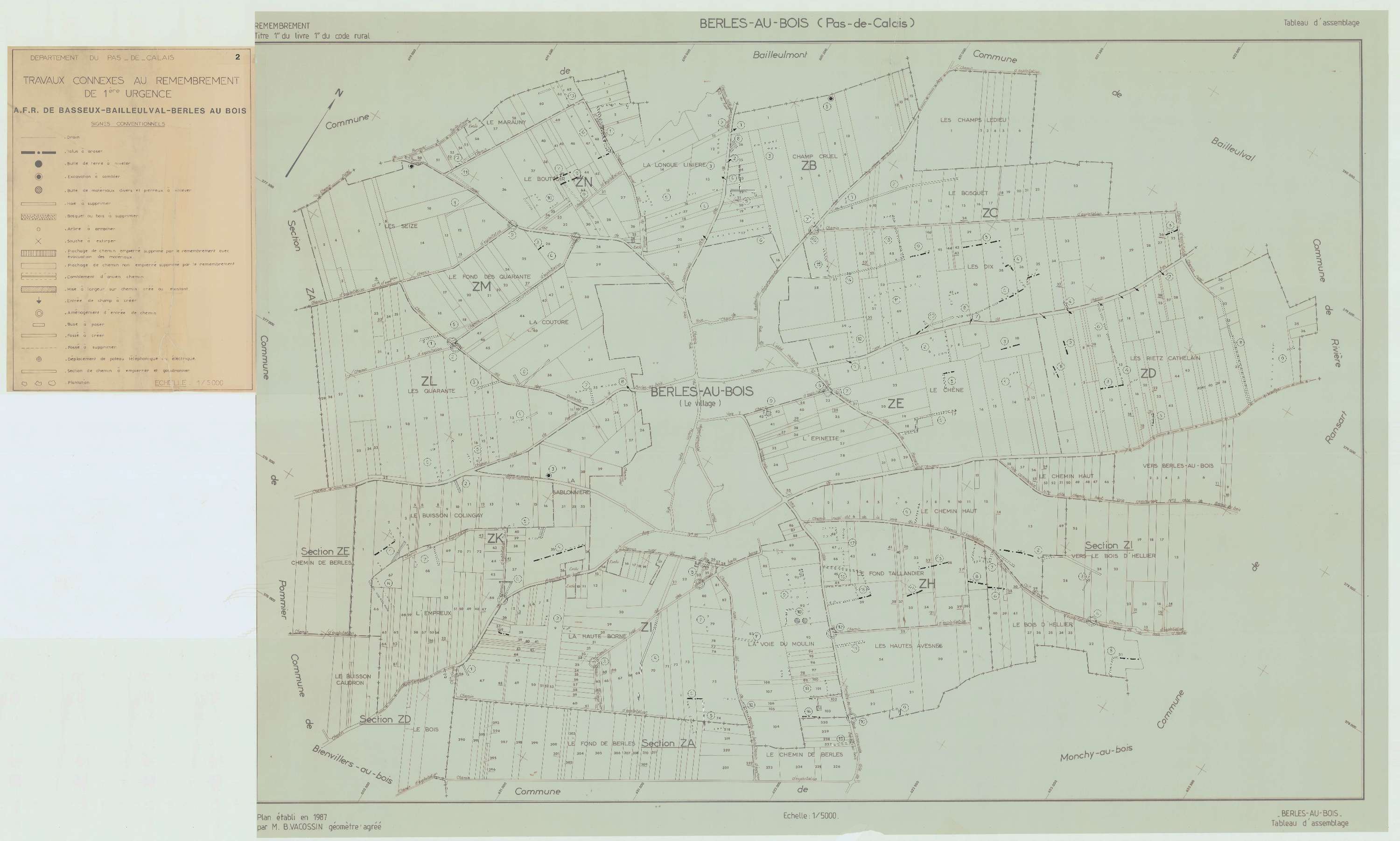 Berles-au-Bois - Plan cadastral : tableau d'assemblage postérieur au remembrement.