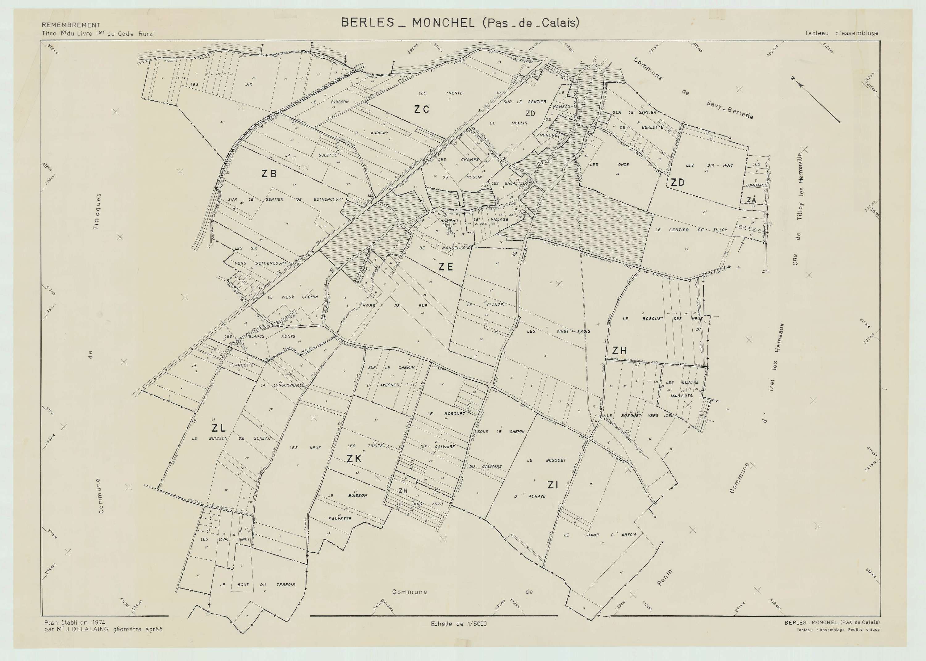 Berles-Monchel - Plan cadastral : tableau d'assemblage postérieur au remembrement.