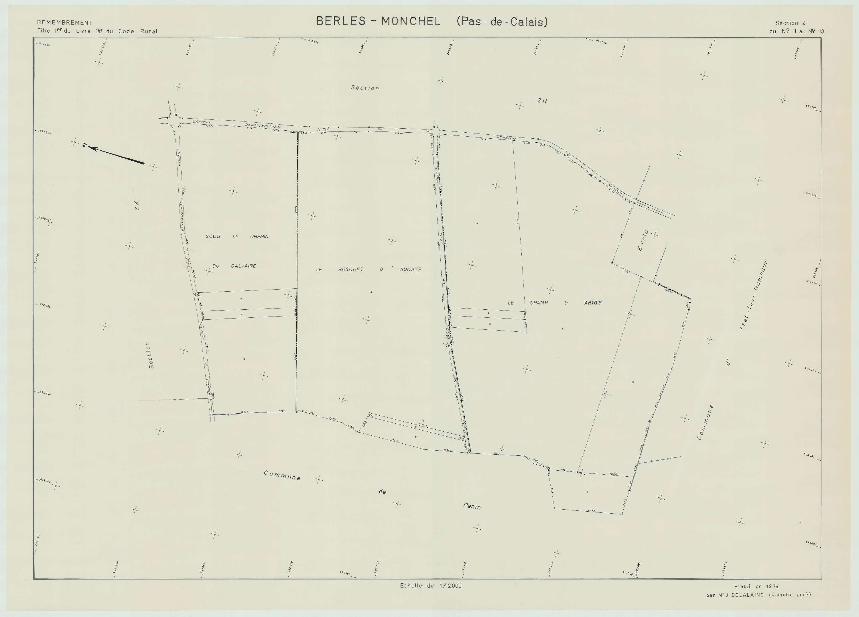 Berles-Monchel - Plan de remembrement : section ZI.