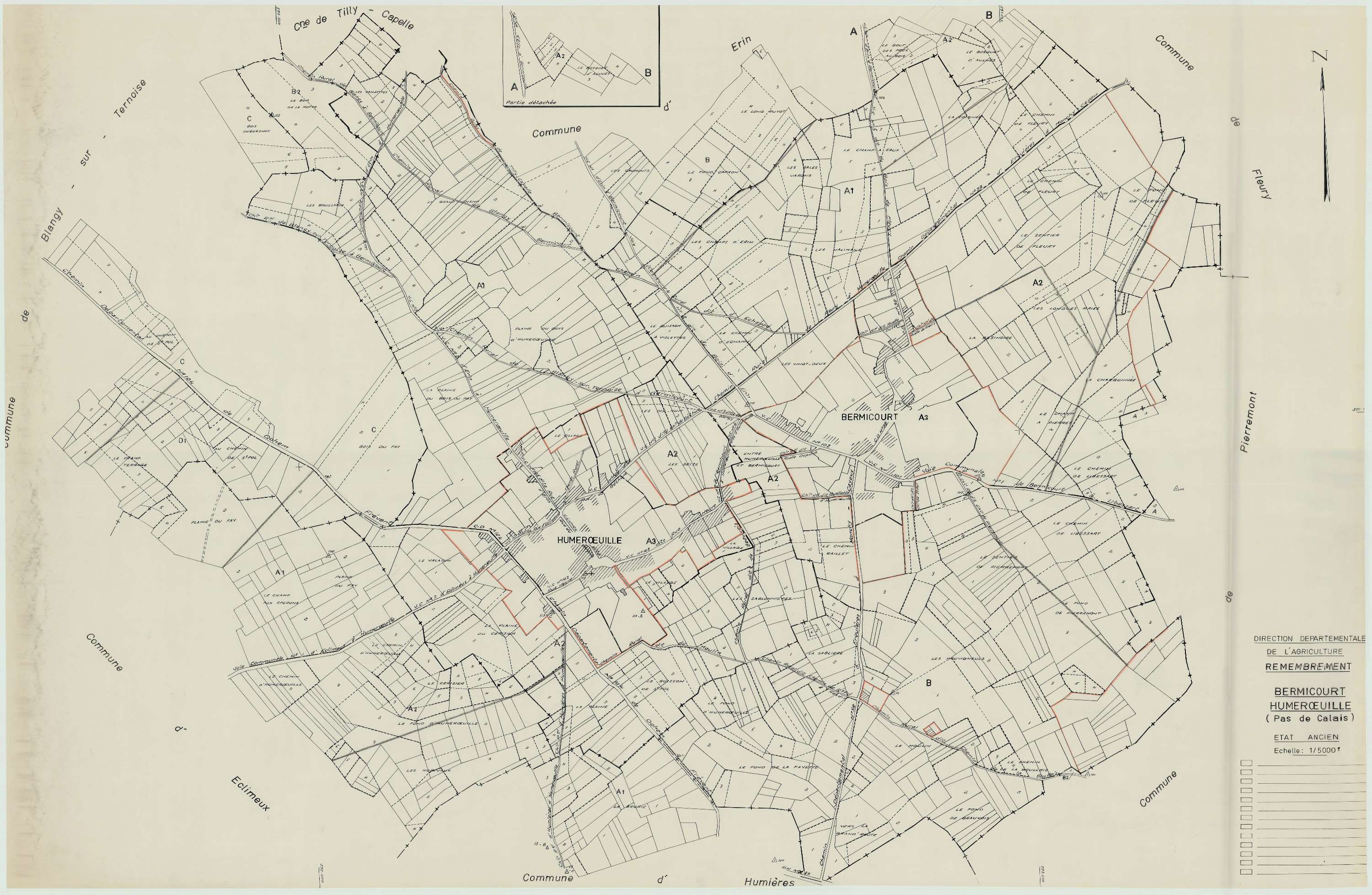Bermicourt - Plan cadastral : tableau d'assemblage antérieur au remembrement.