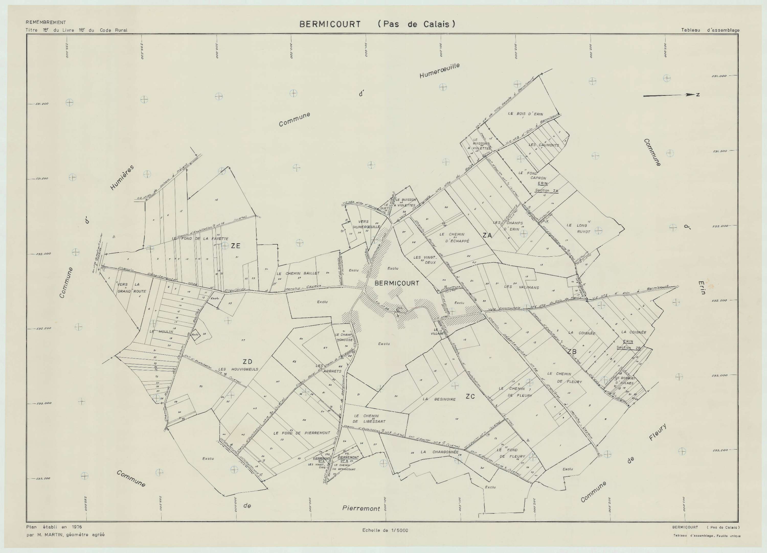 Bermicourt - Plan cadastral : tableau d'assemblage postérieur au remembrement.
