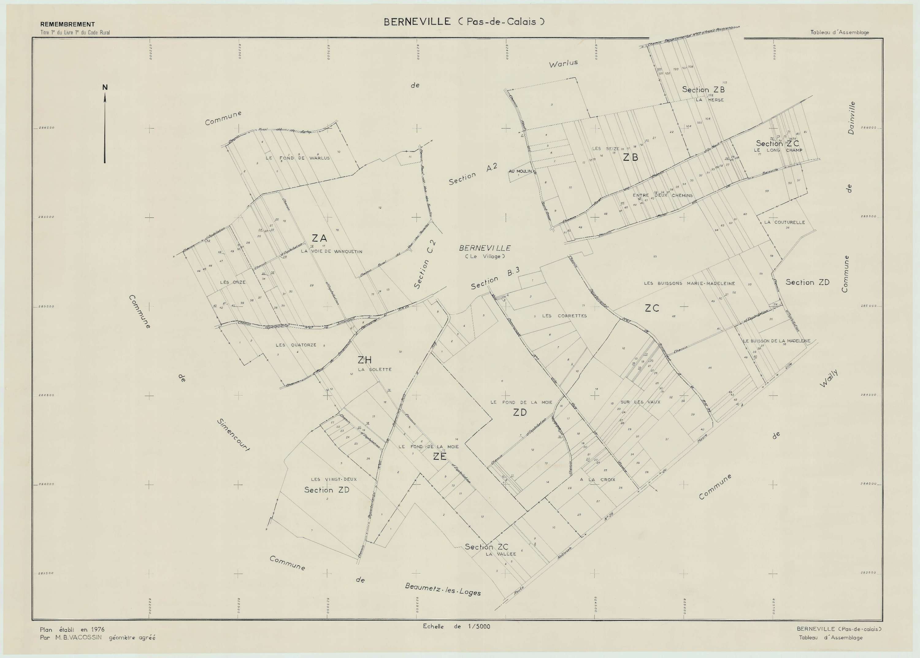 Berneville - Plan cadastral : tableau d'assemblage postérieur au remembrement.