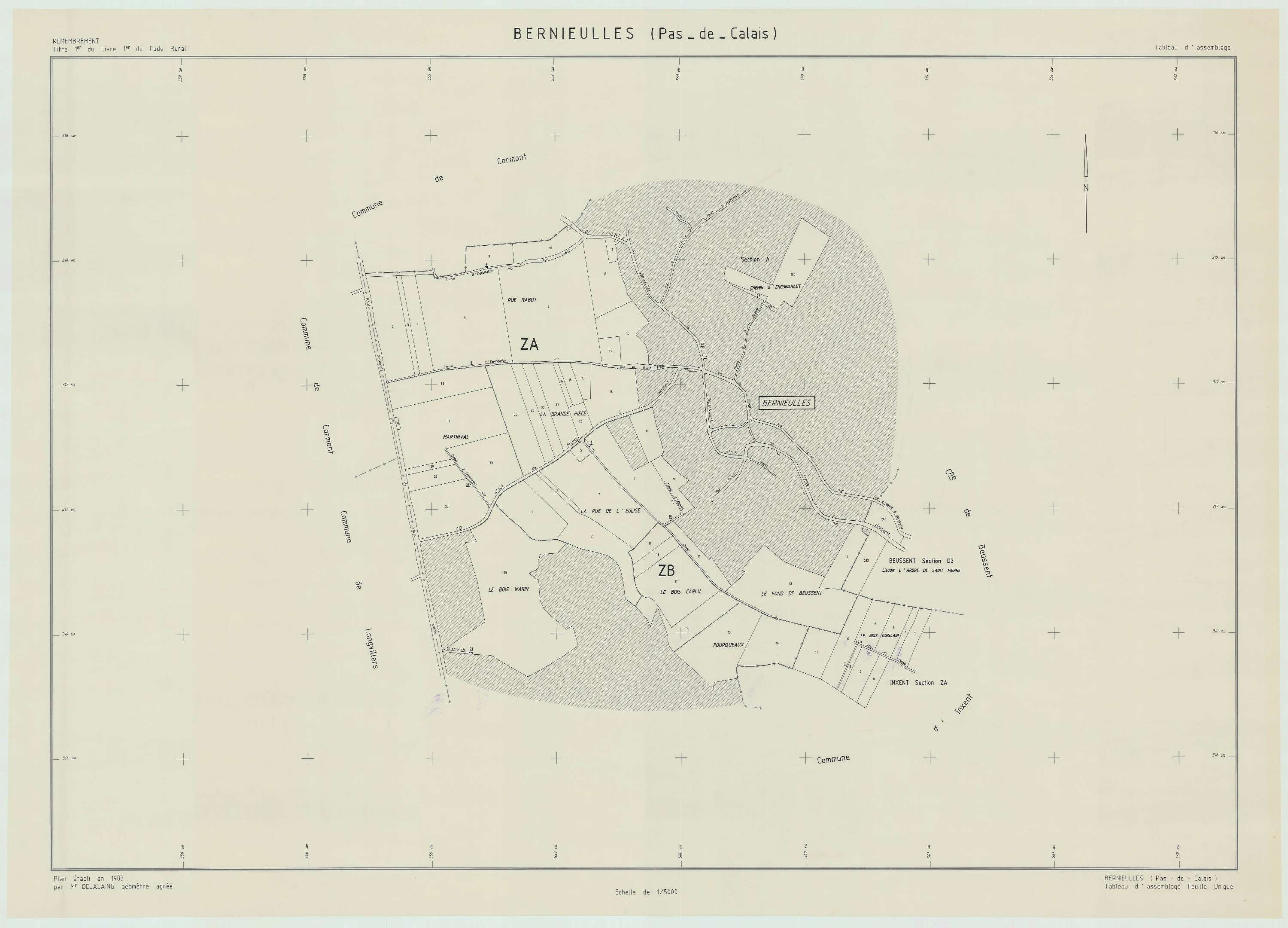 Bernieulles - Plan cadastral : tableau d'assemblage postérieur au remembrement.