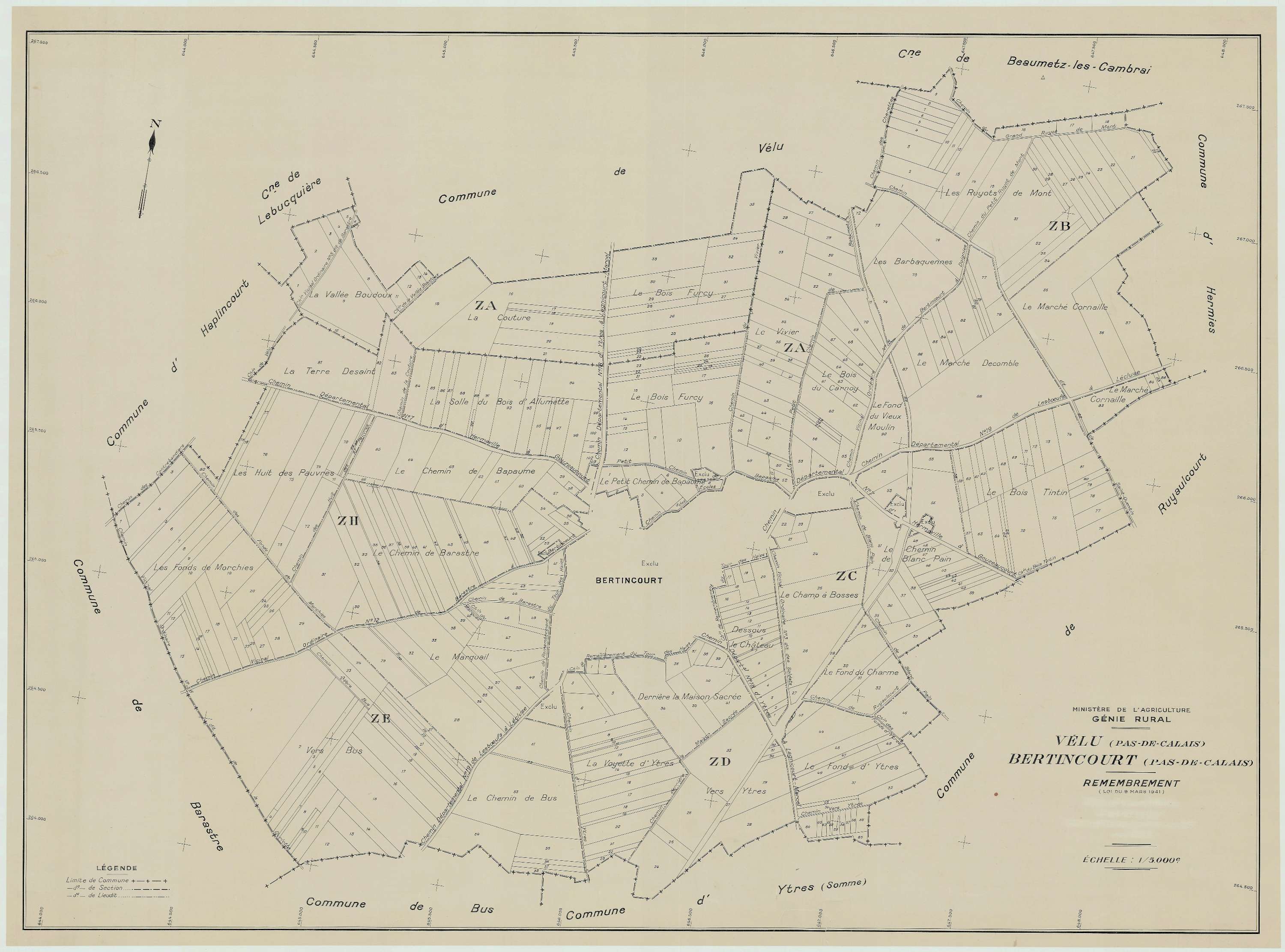 Bertincourt - Plan cadastral : tableau d'assemblage postérieur au remembrement.