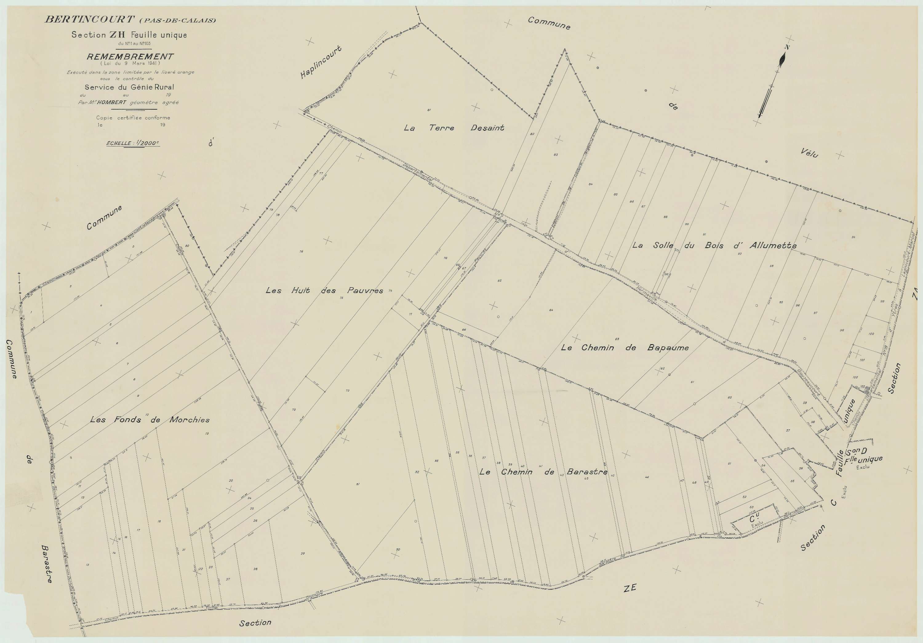 Bertincourt - Plan de remembrement : section ZH.