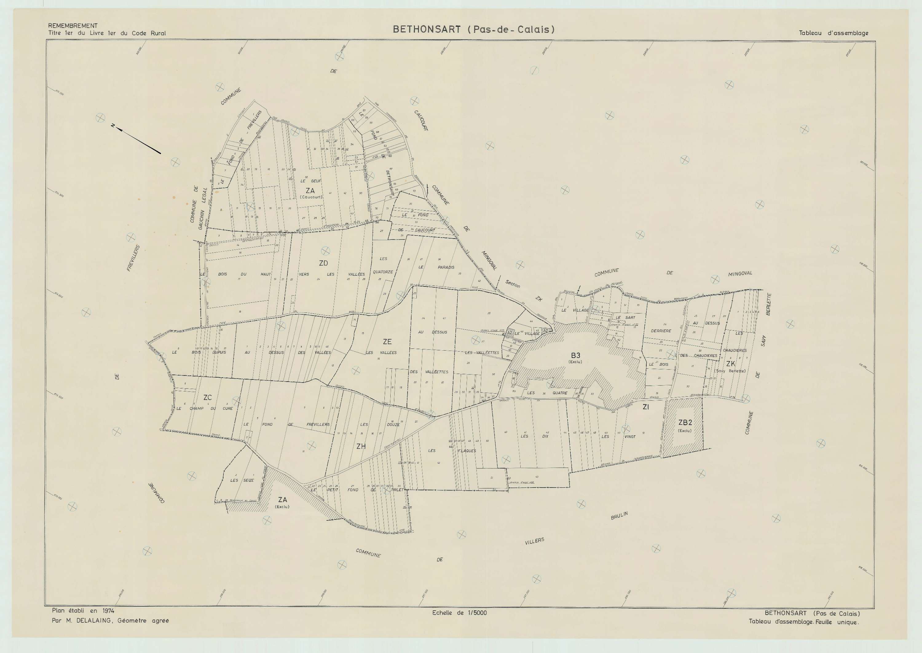 Béthonsart - Plan cadastral : tableau d'assemblage antérieur au remembrement.