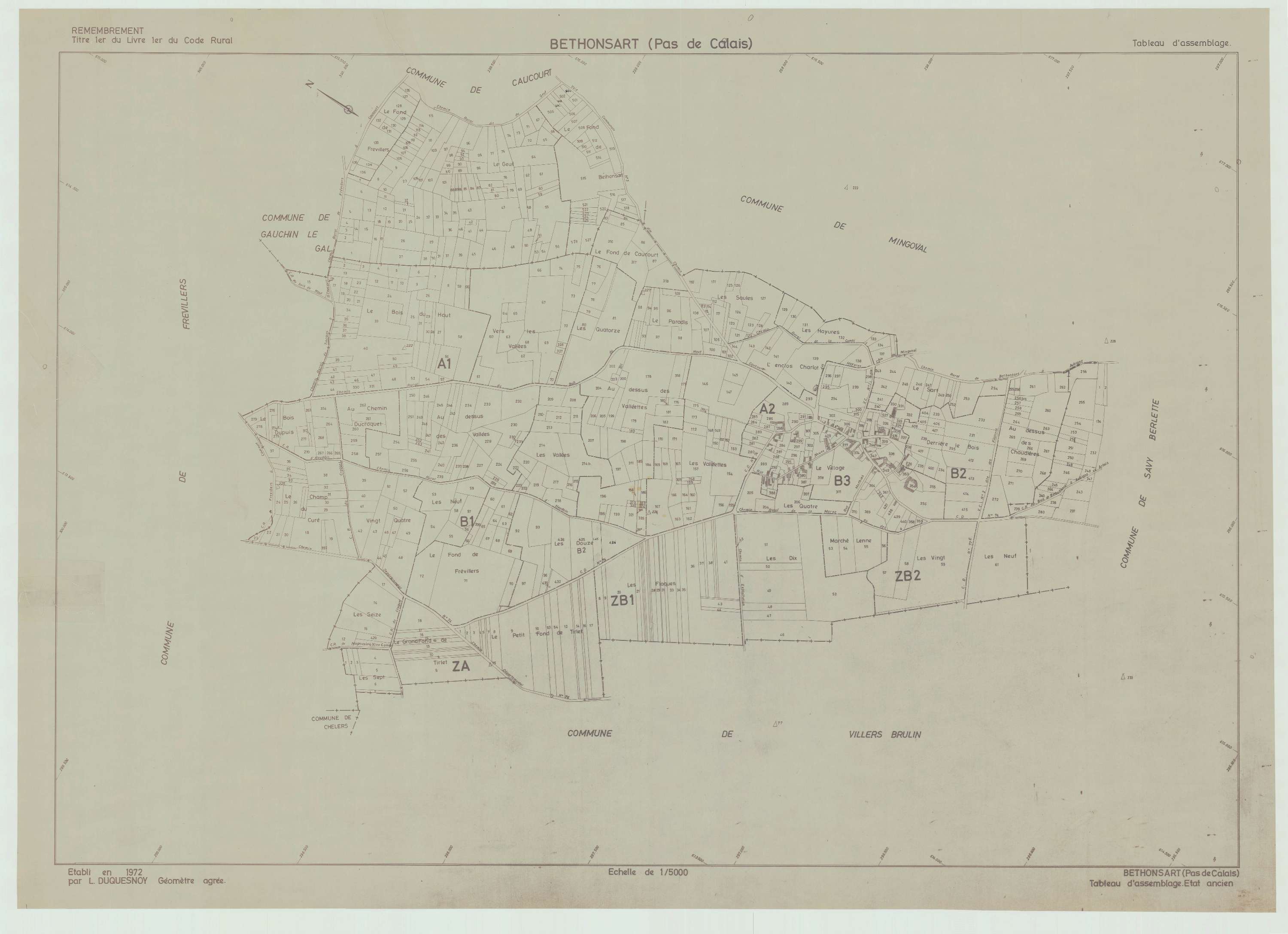 Béthonsart - Plan cadastral : tableau d'assemblage postérieur au remembrement.