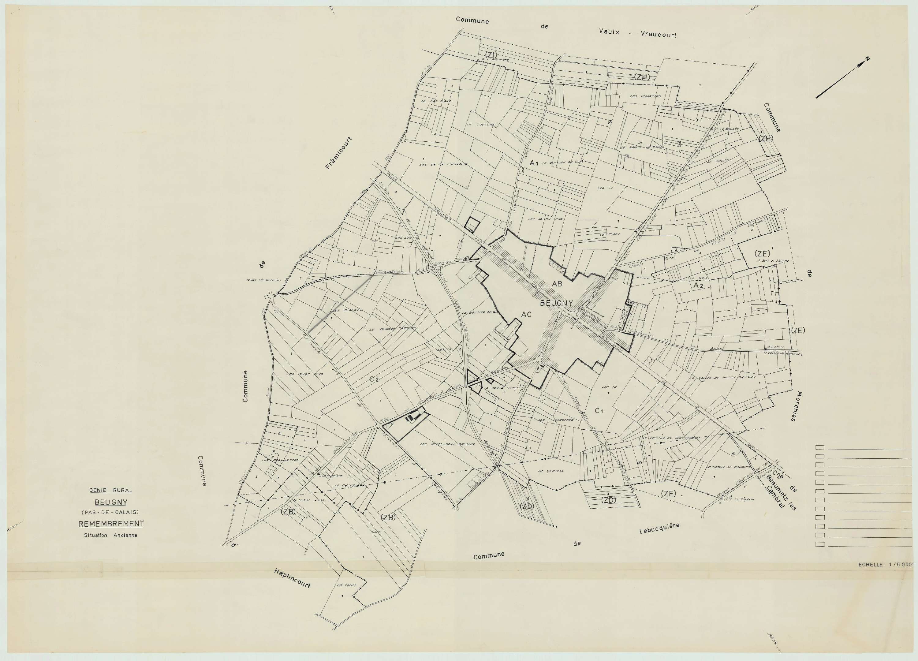 Beugny - Plan cadastral : tableau d'assemblage antérieur au remembrement.