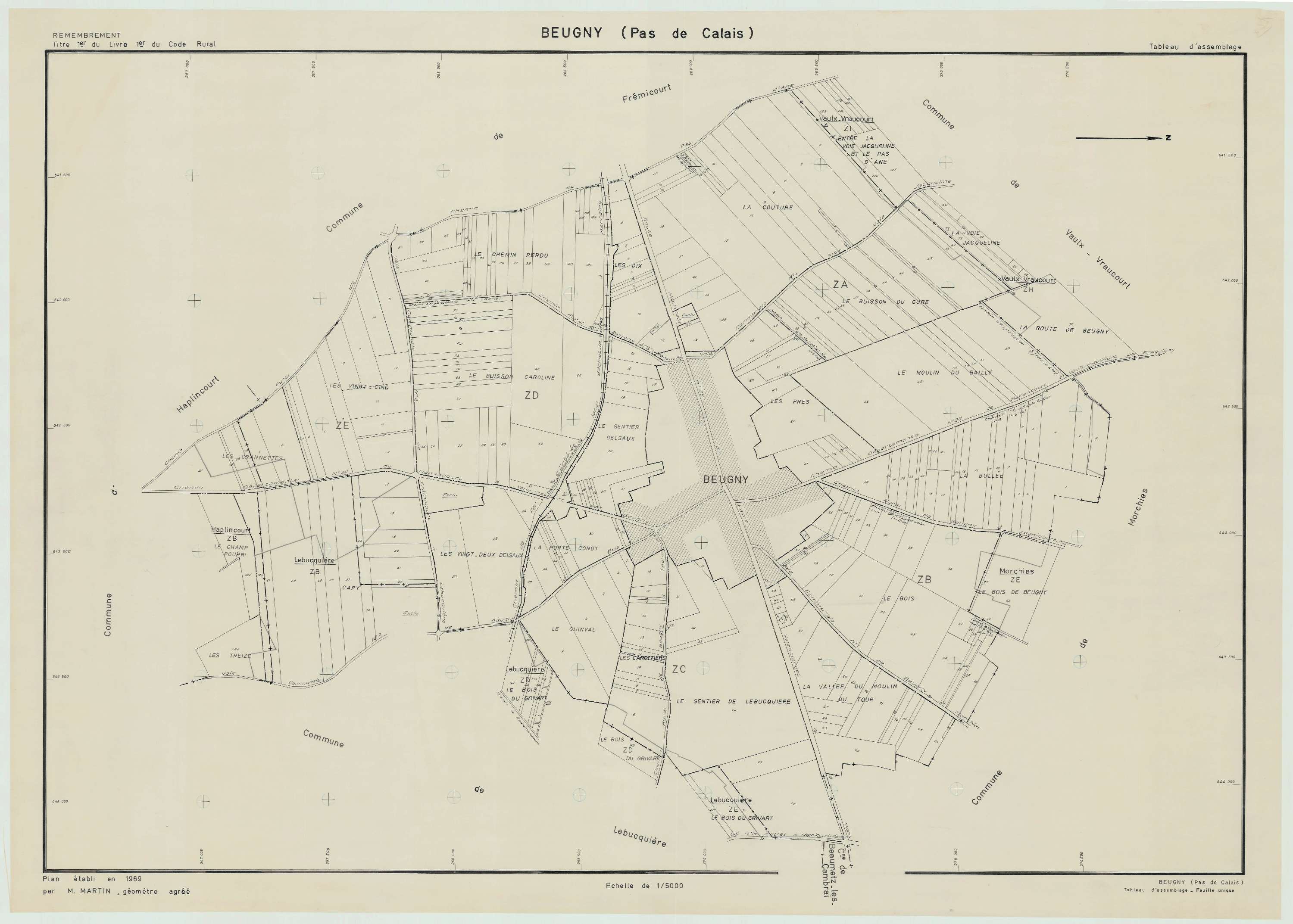 Beugny - Plan cadastral : tableau d'assemblage postérieur au remembrement.