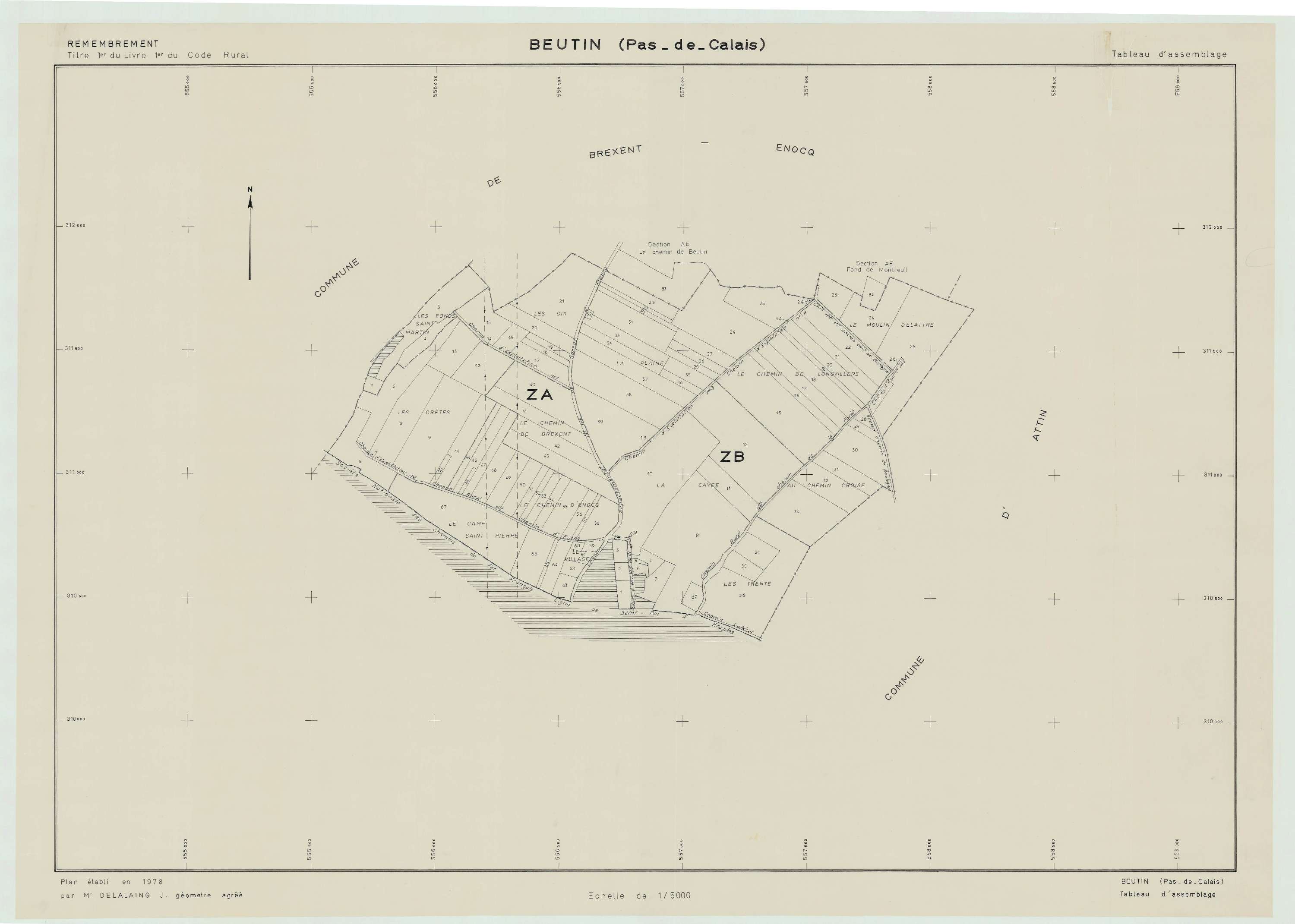 Beutin - Plan cadastral : tableau d'assemblage postérieur au remembrement.