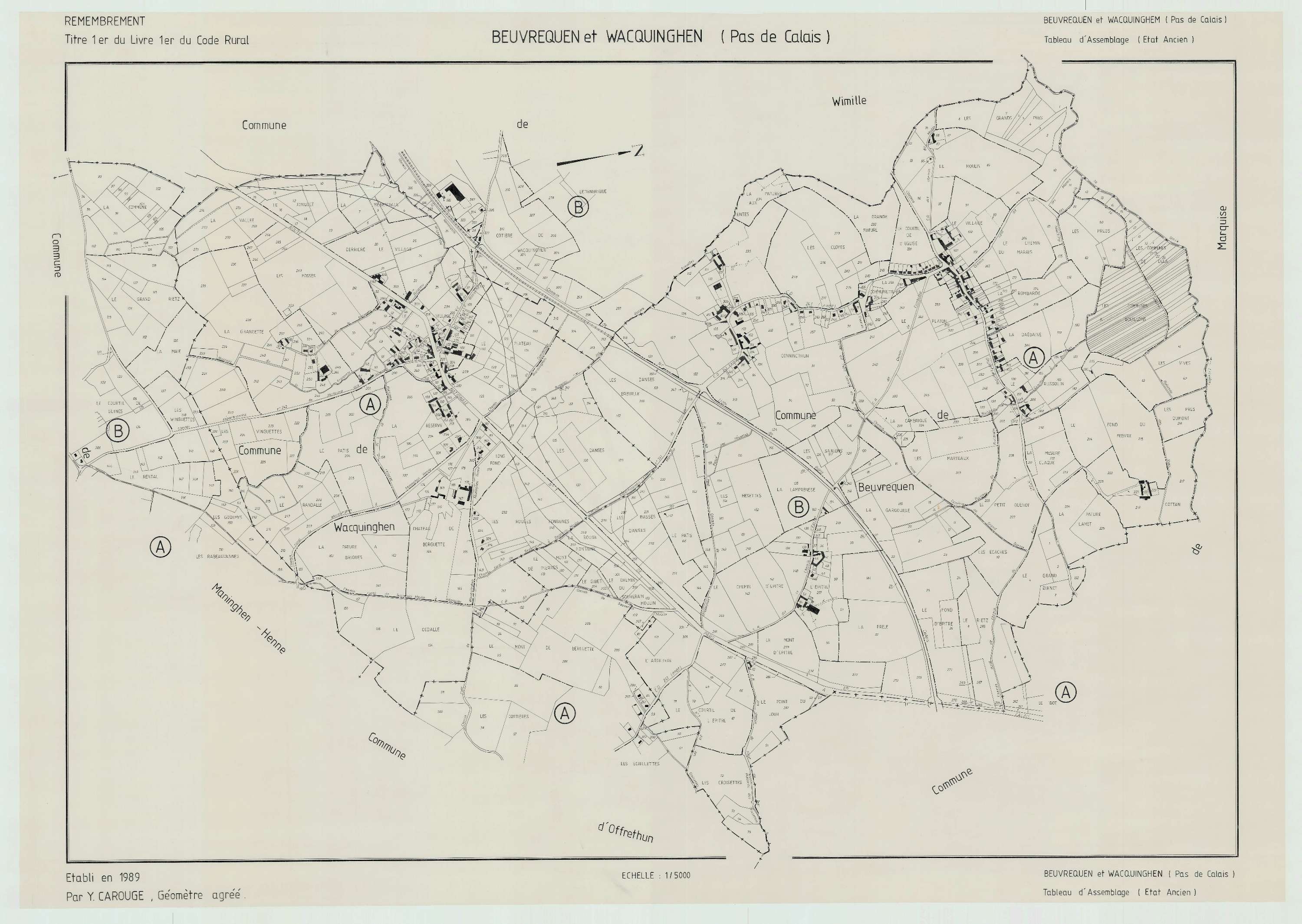 Beuvrequen - Plan cadastral : tableau d'assemblage antérieur au remembrement.