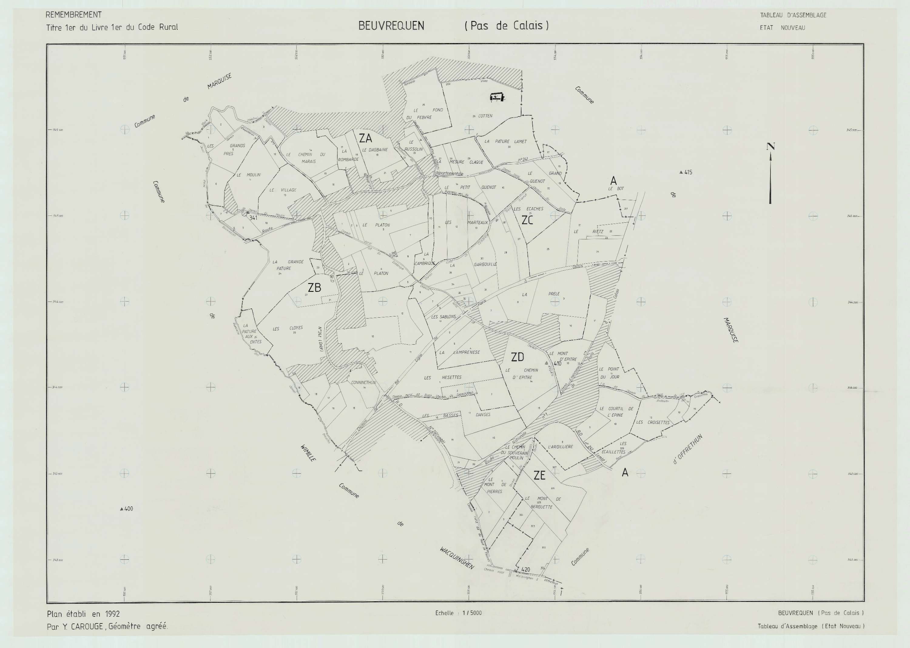 Beuvrequen - Plan cadastral : tableau d'assemblage postérieur au remembrement.