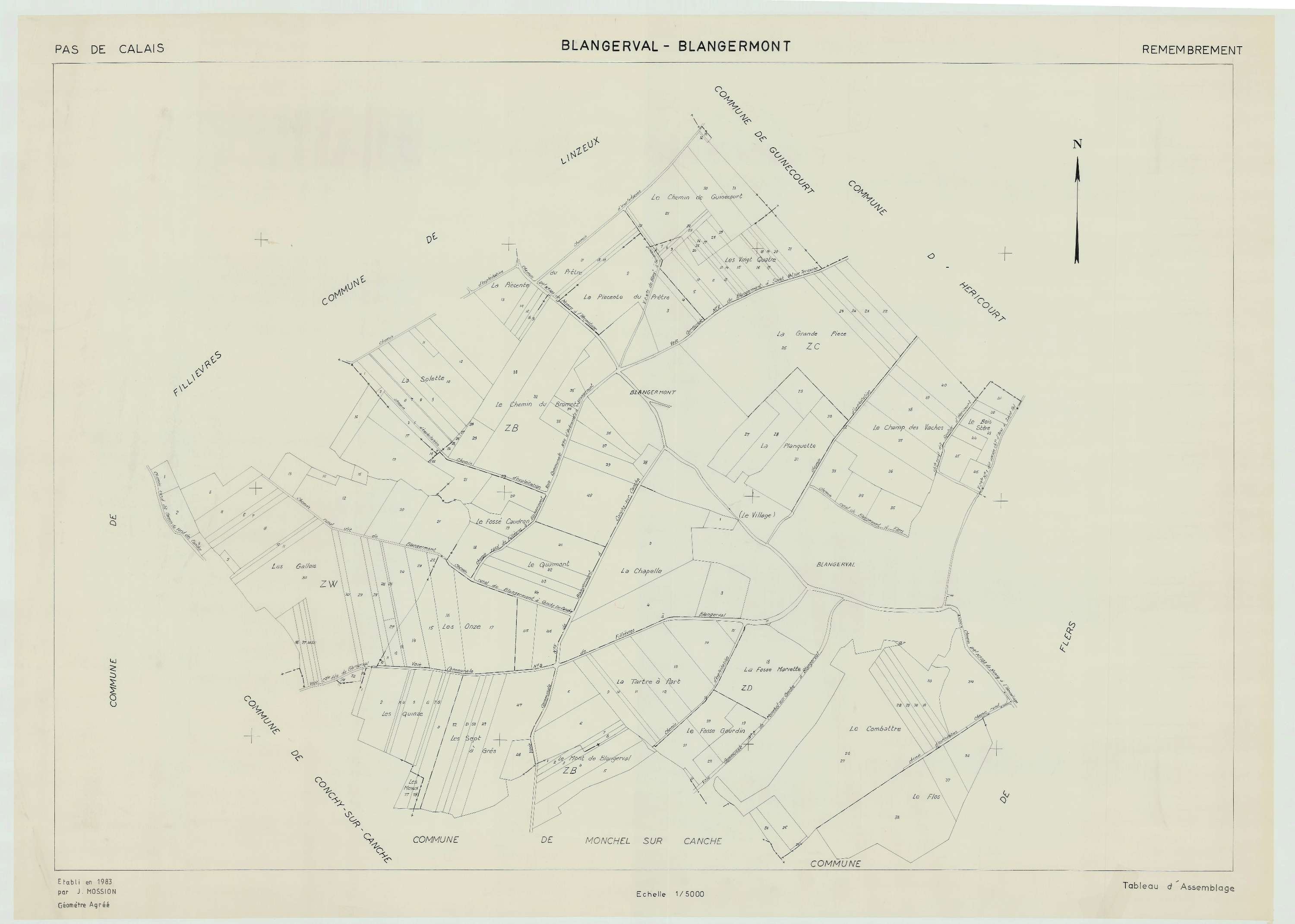 Blangerval-Blangermont - Plan cadastral : tableau d'assemblage antérieur au remembrement.