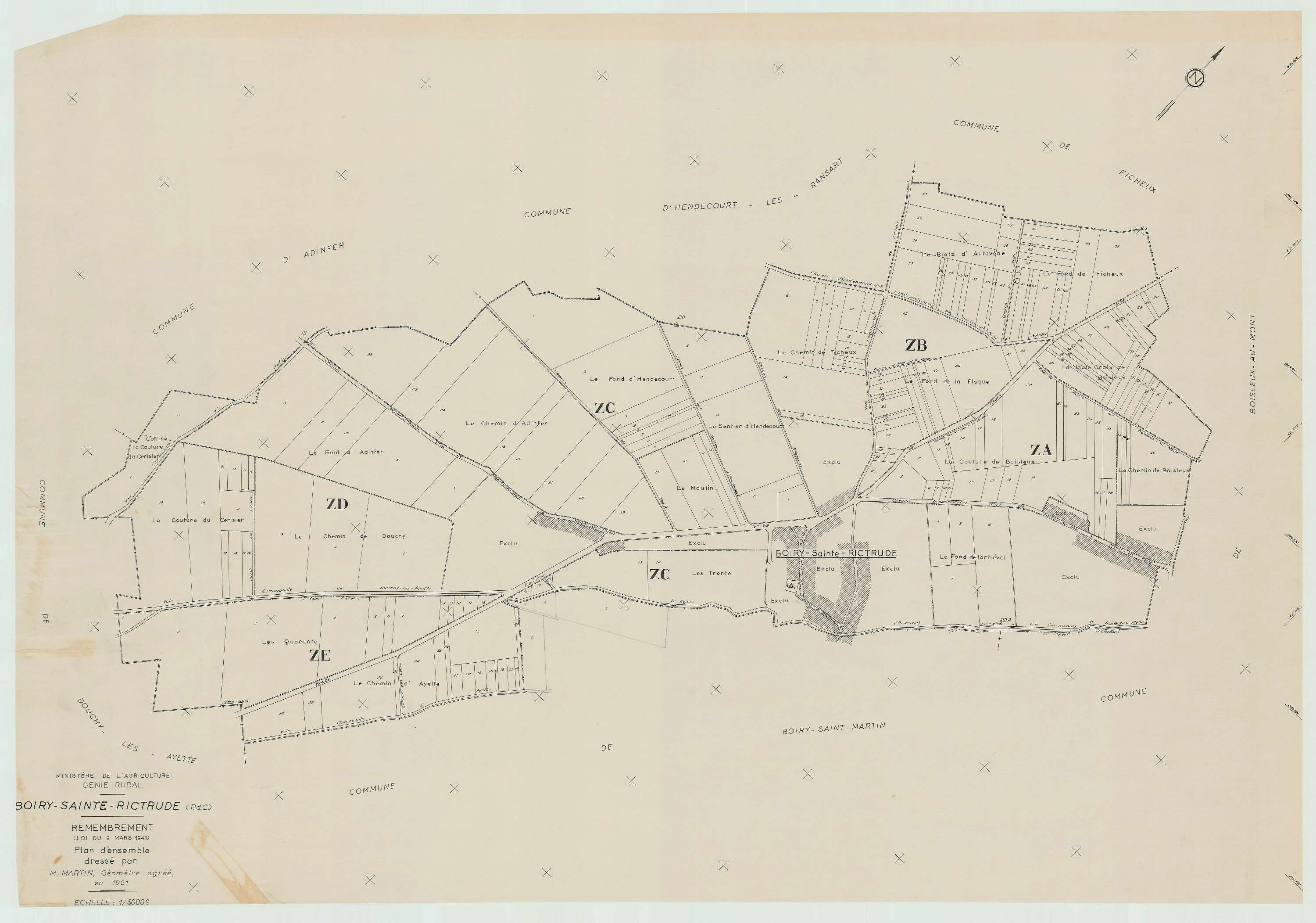Boiry-Sainte-Rictrude - Plan cadastral : tableau d'assemblage postérieur au remembrement.