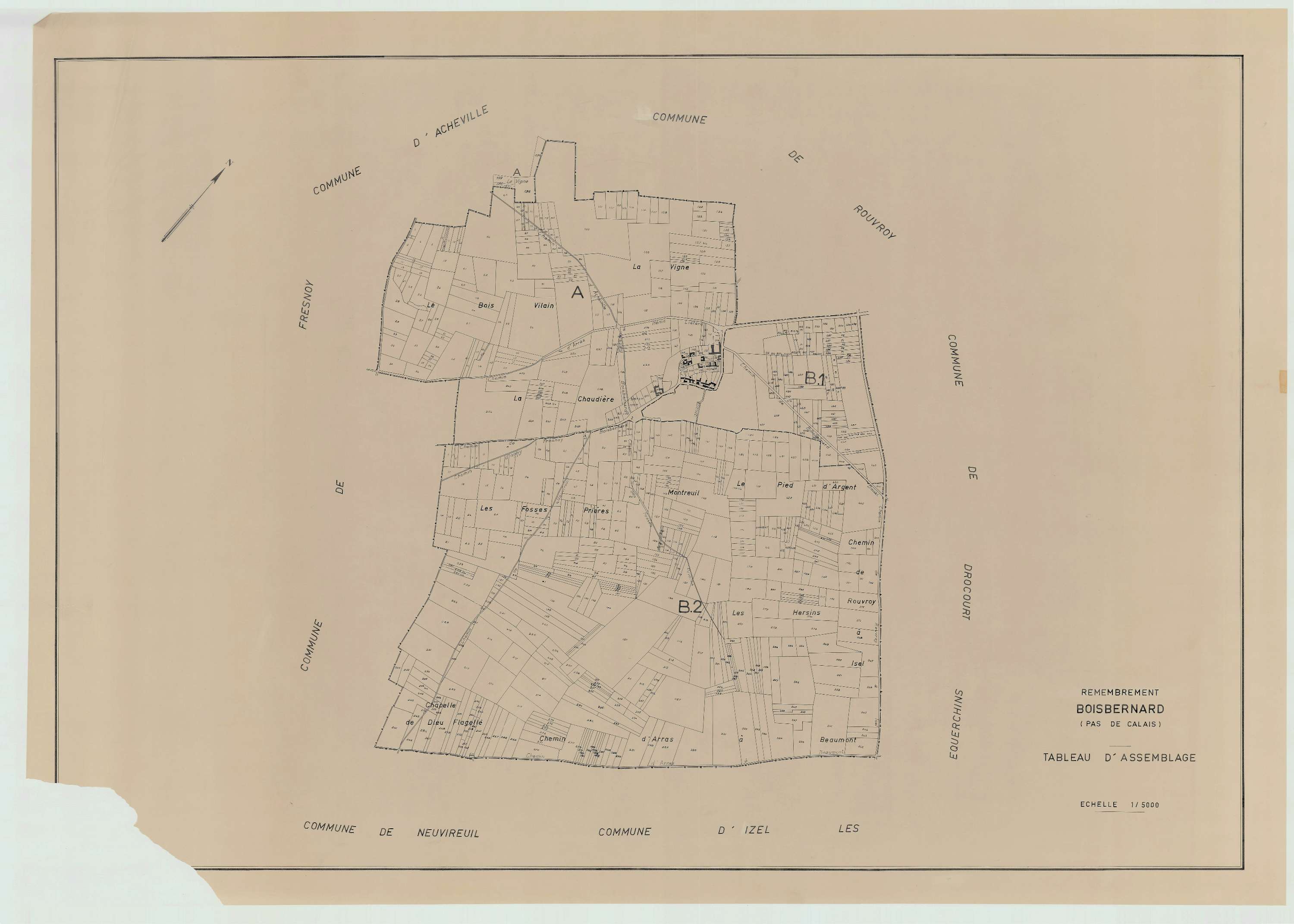 Bois-Bernard - Plan cadastral : tableau d'assemblage antérieur au remembrement.