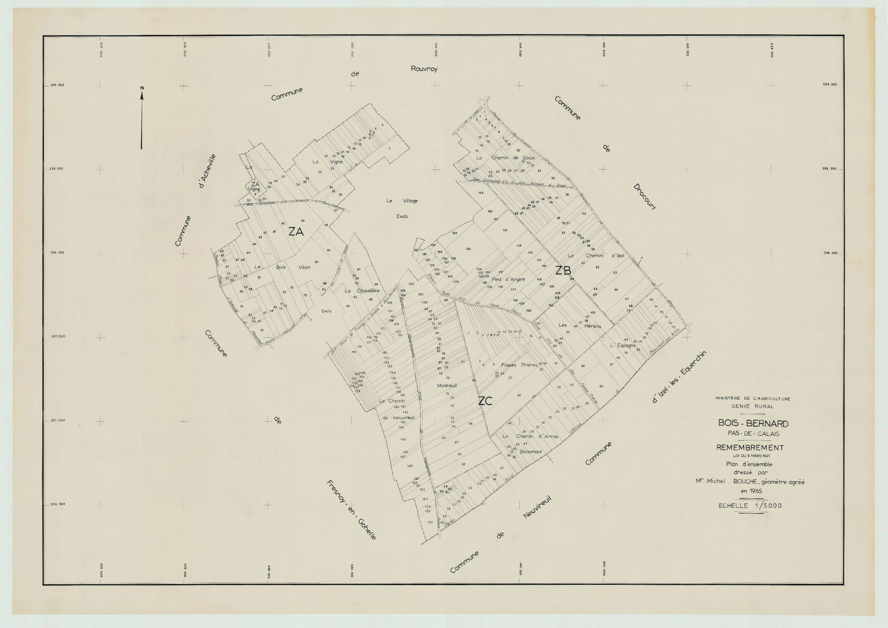 Bois-Bernard - Plan cadastral : tableau d'assemblage postérieur au remembrement.