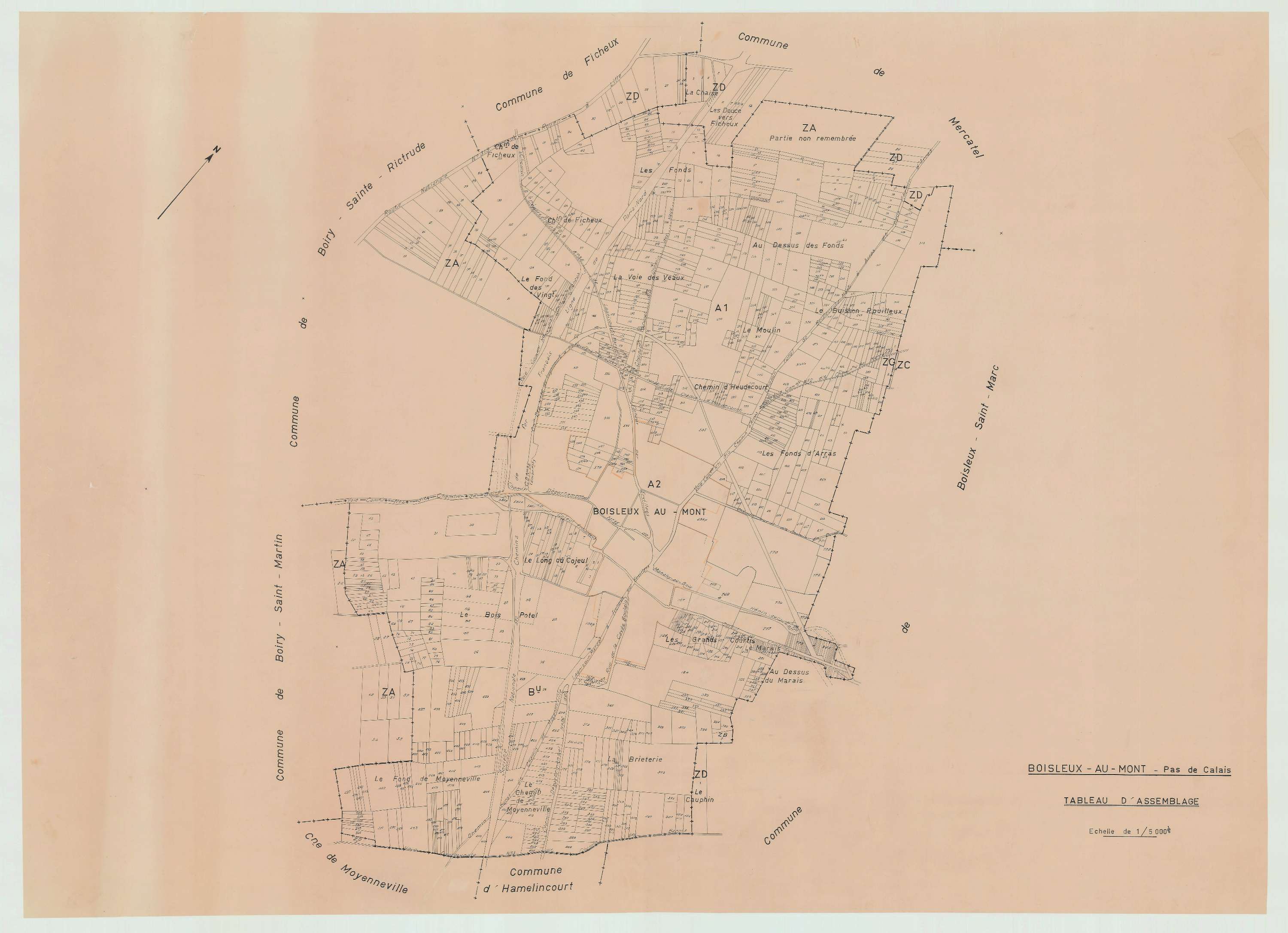 Boisleux-au-Mont - Plan cadastral : tableau d'assemblage antérieur au remembrement.