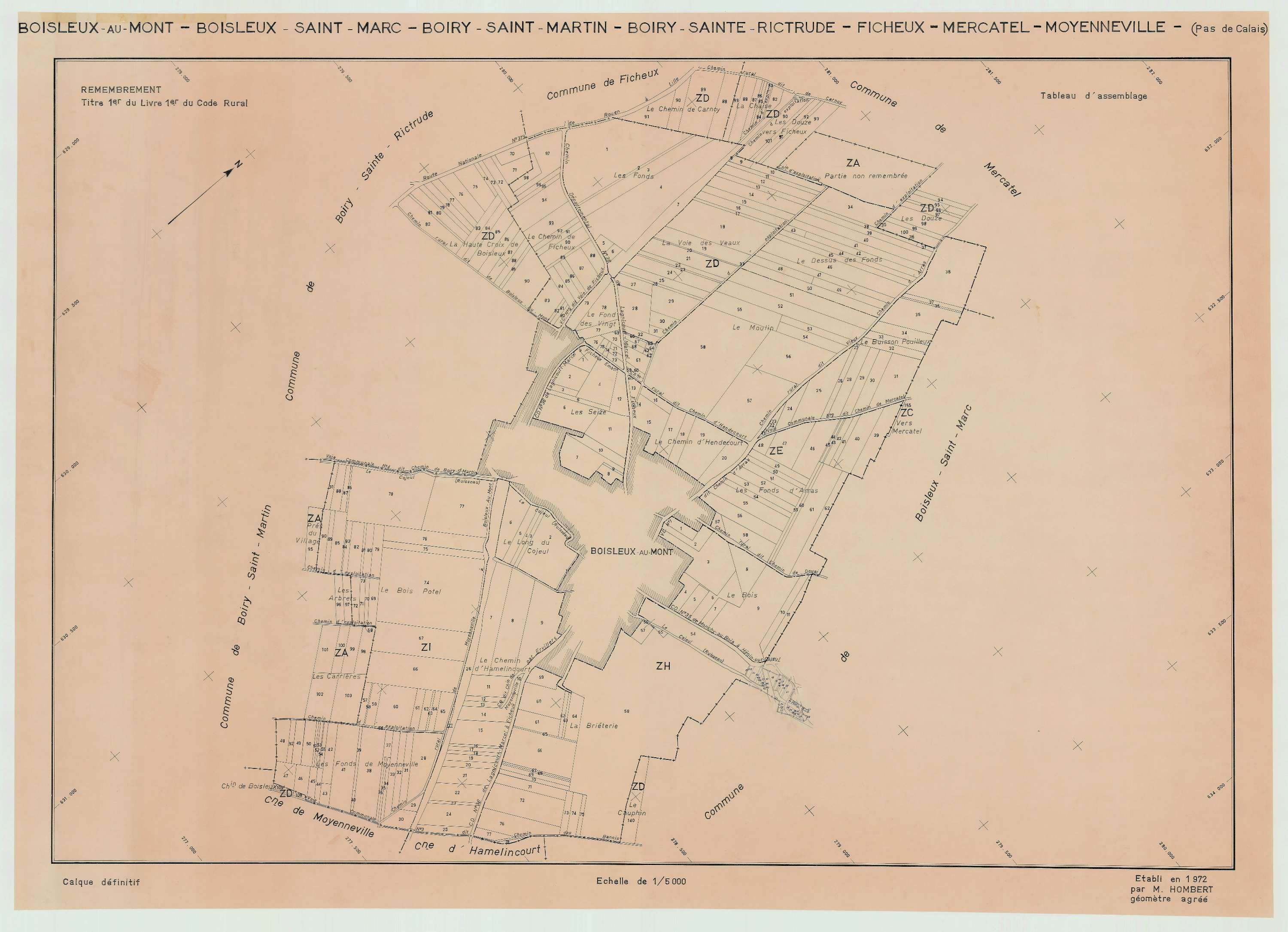 Boisleux-au-Mont - Plan cadastral : tableau d'assemblage postérieur au remembrement.