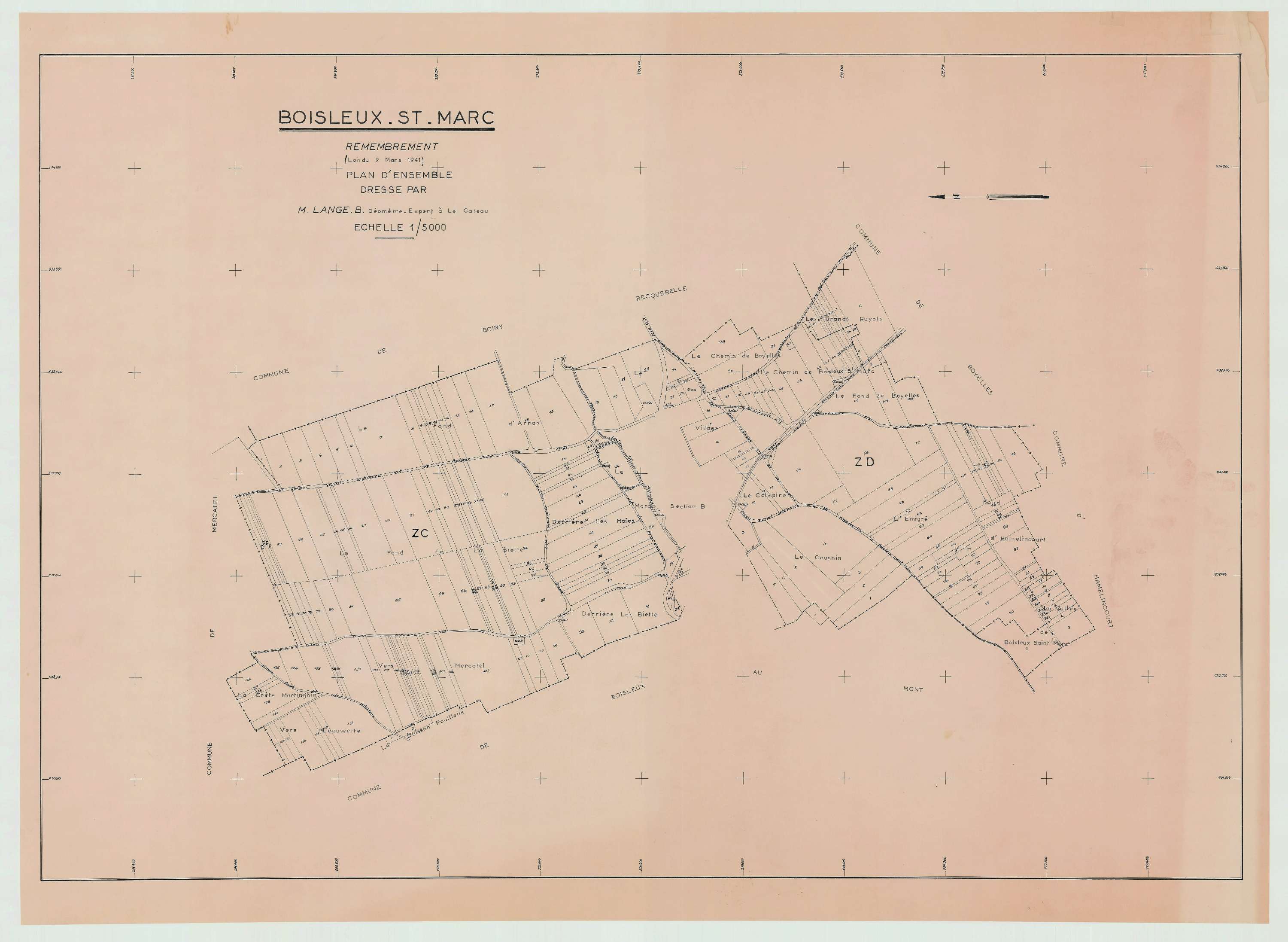 Boisleux-Saint-Marc - Plan cadastral : tableau d'assemblage postérieur au remembrement.
