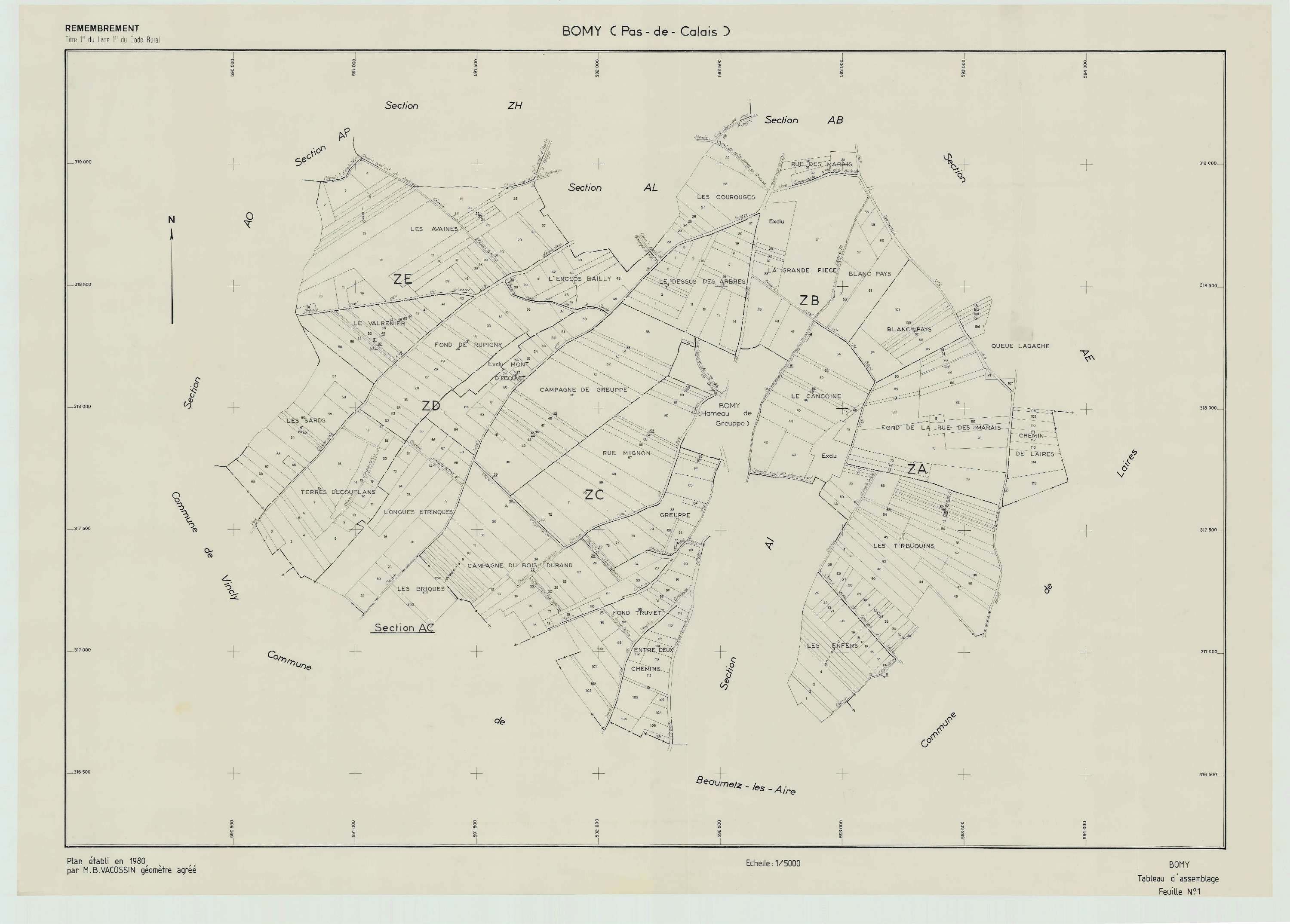 Bomy - Plan cadastral : tableau d'assemblage postérieur au remembrement.