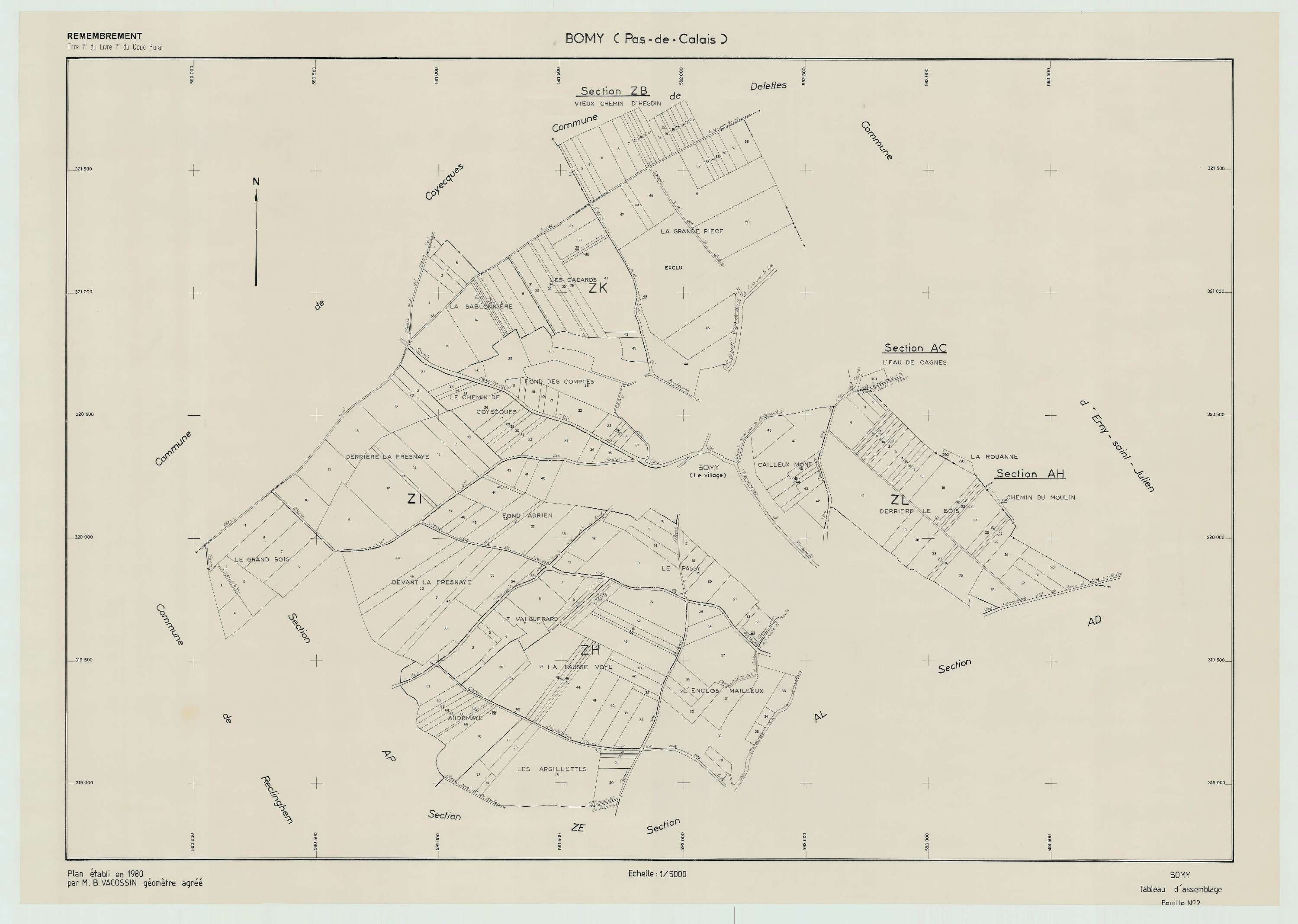Bomy - Plan cadastral : tableau d'assemblage postérieur au remembrement.