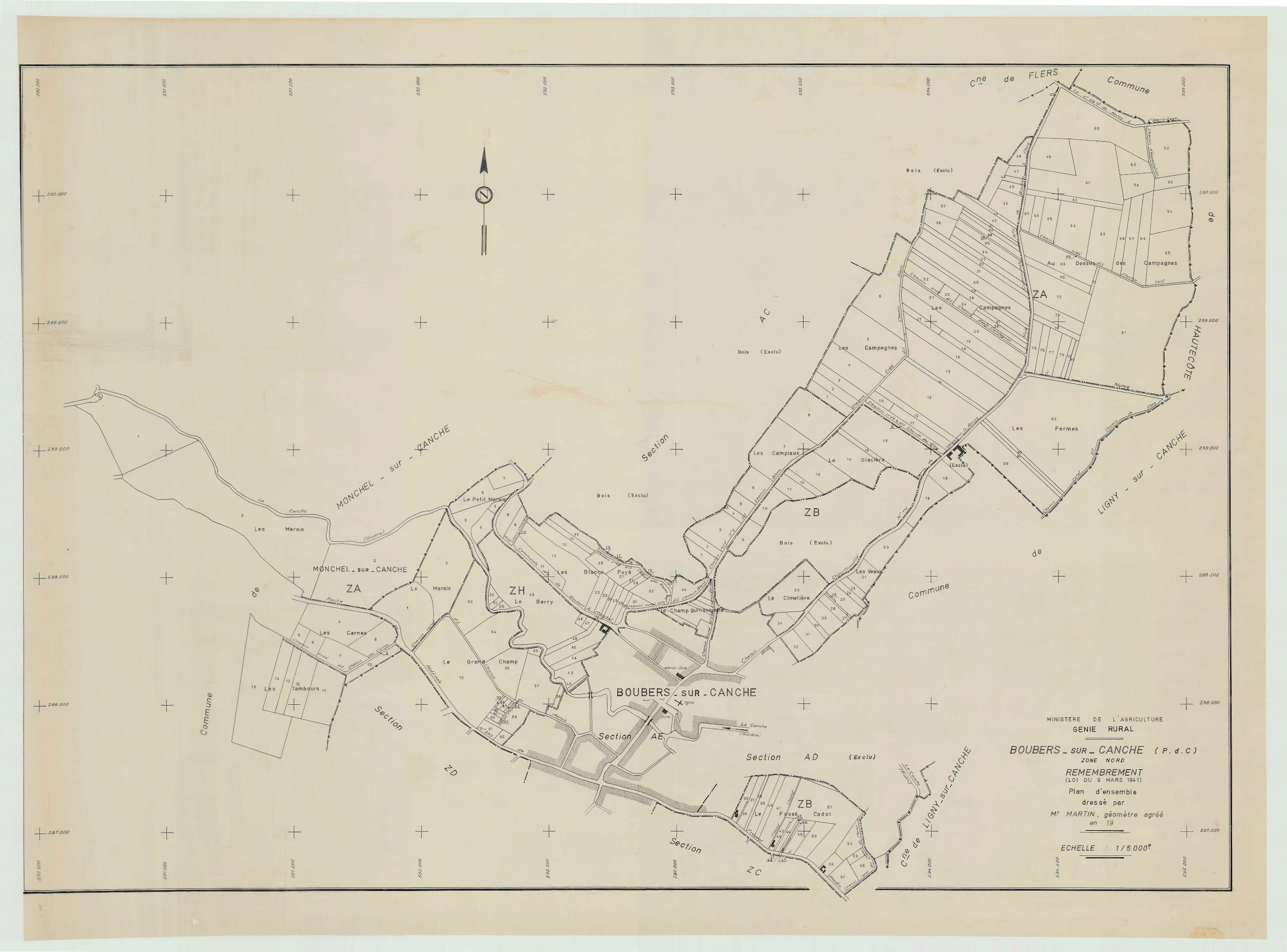 Boubers-sur-Canche - Plan cadastral : tableau d'assemblage postérieur au remembrement.