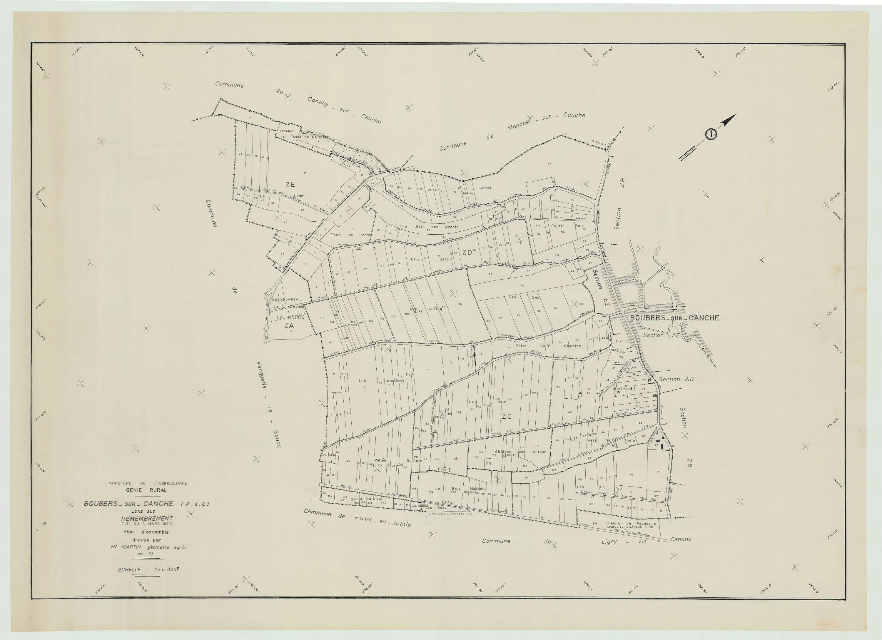 Boubers-sur-Canche - Plan cadastral : tableau d'assemblage postérieur au remembrement.