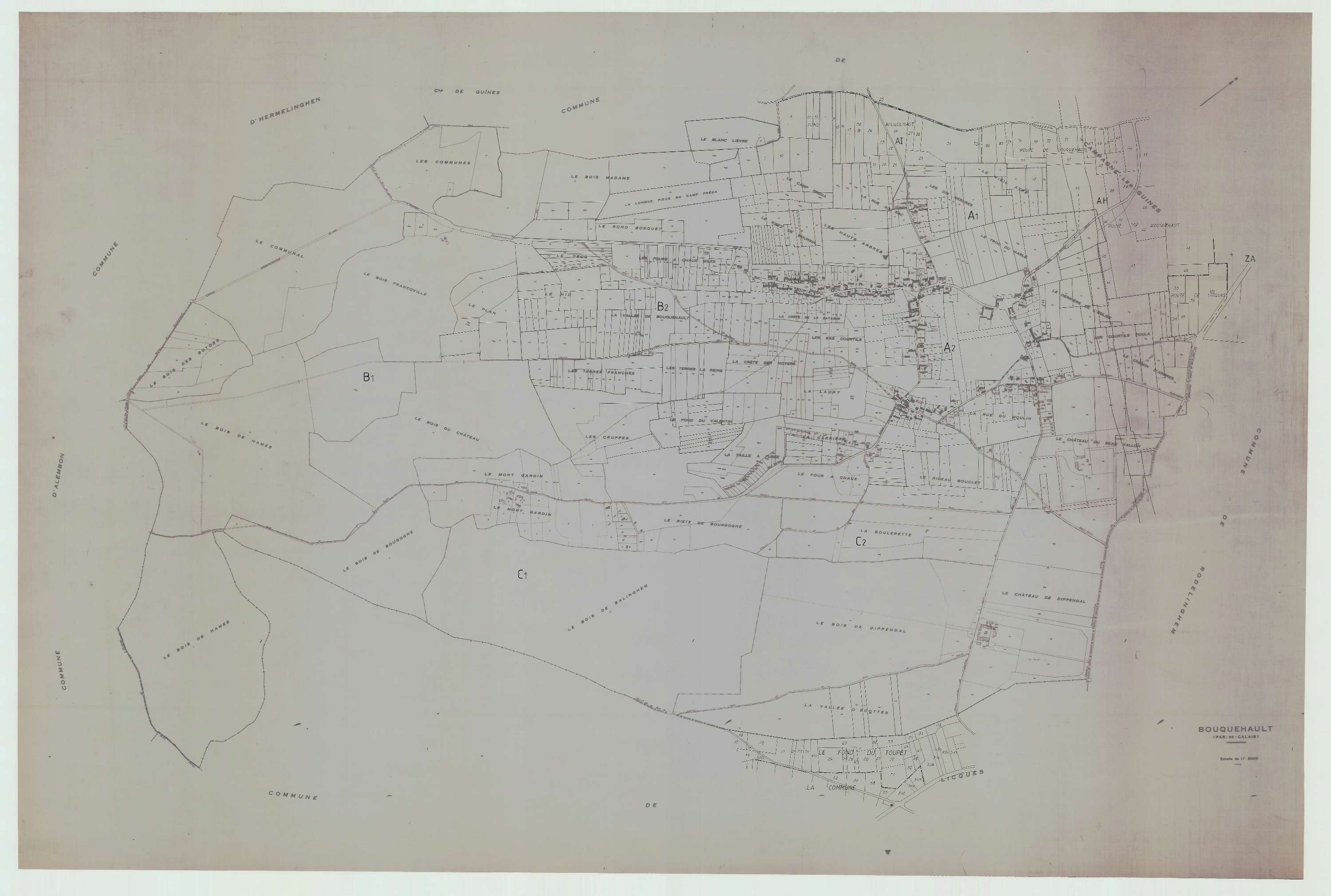 Bouquehault - Plan cadastral : tableau d'assemblage antérieur au remembrement.