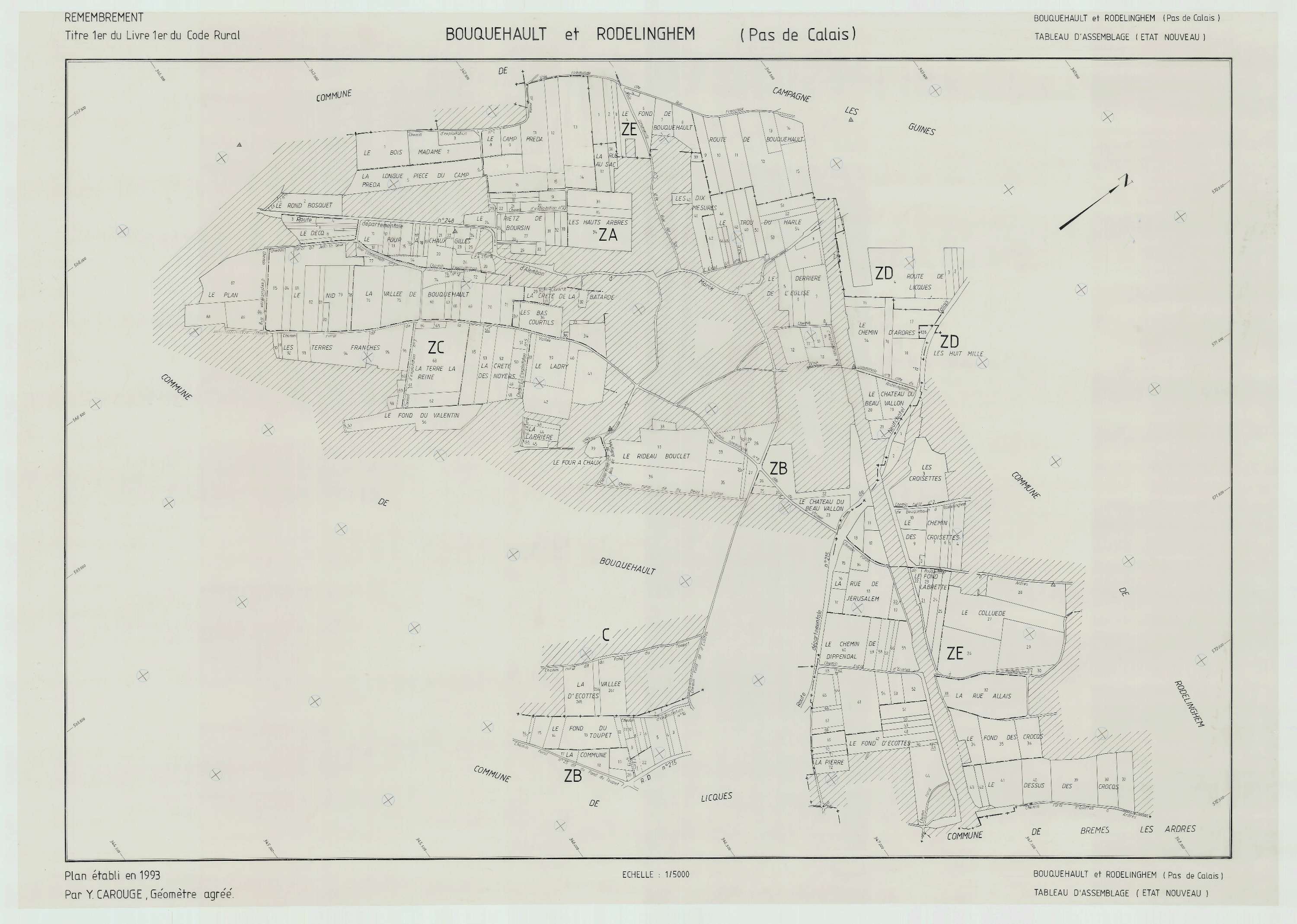 Bouquehault - Plan cadastral : tableau d'assemblage postérieur au remembrement.