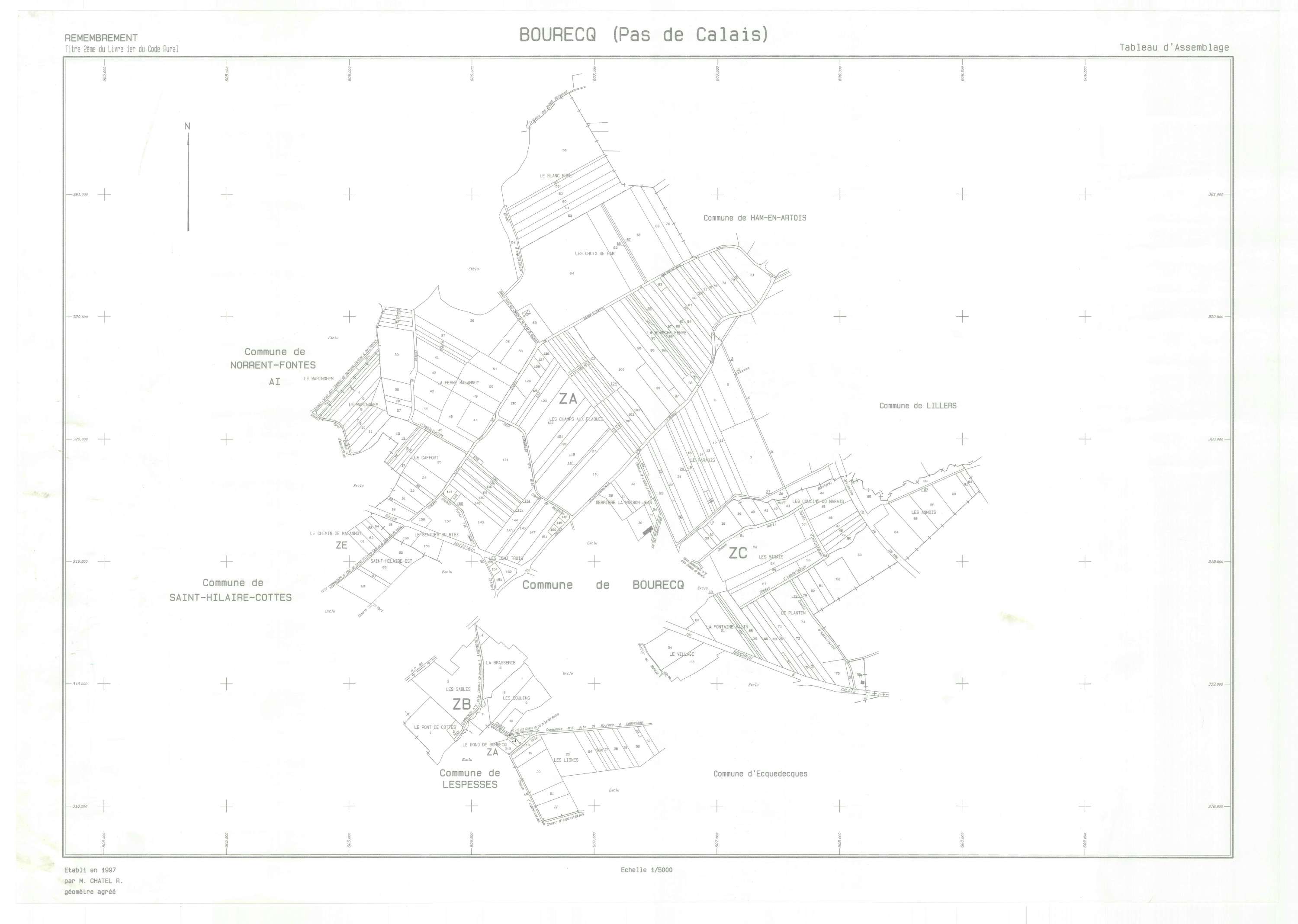 Bourecq - Plan cadastral : tableau d'assemblage postérieur au remembrement.