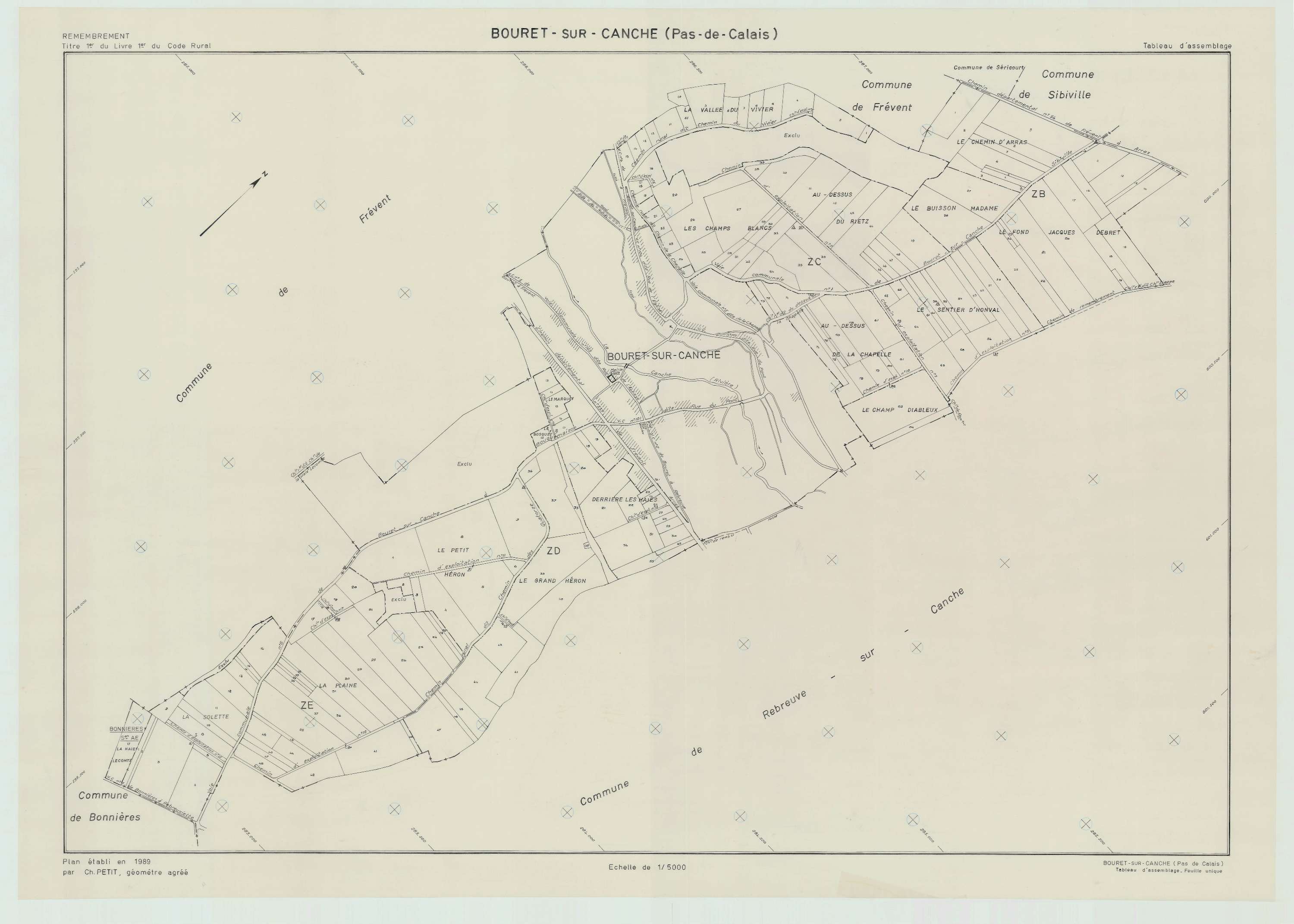 Bouret-sur-Canche - Plan cadastral : tableau d'assemblage postérieur au remembrement.