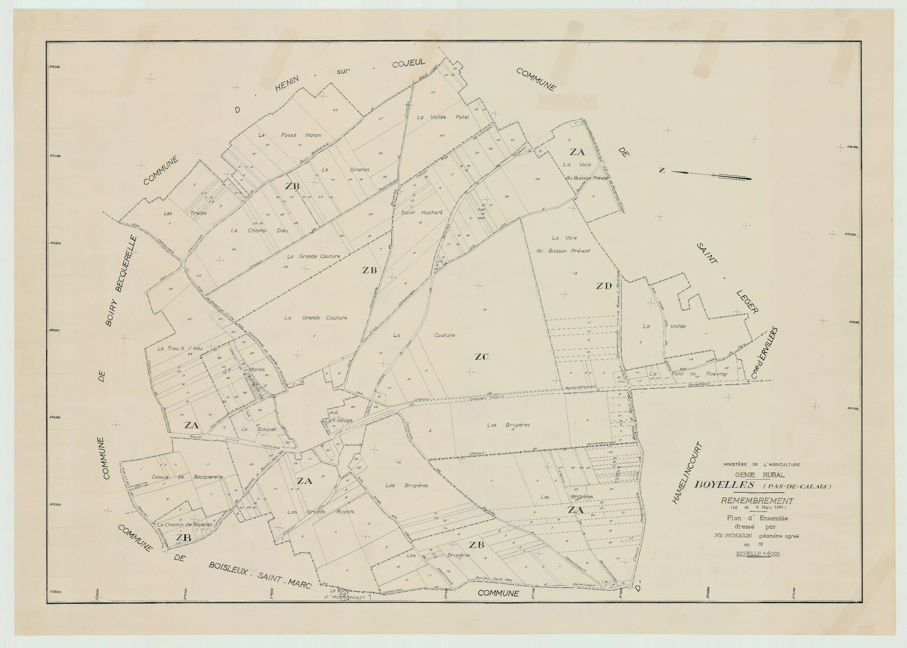 Boyelles - Plan cadastral : tableau d'assemblage postérieur au remembrement.