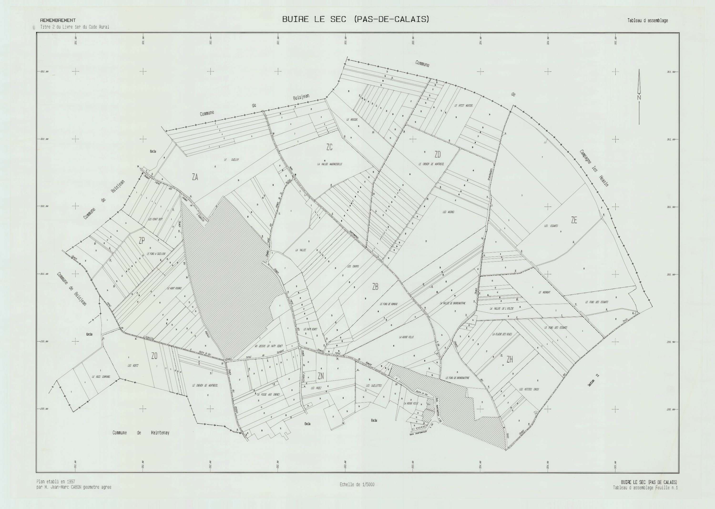 Buire-le-Sec - Plan cadastral : tableau d'assemblage postérieur au remembrement.