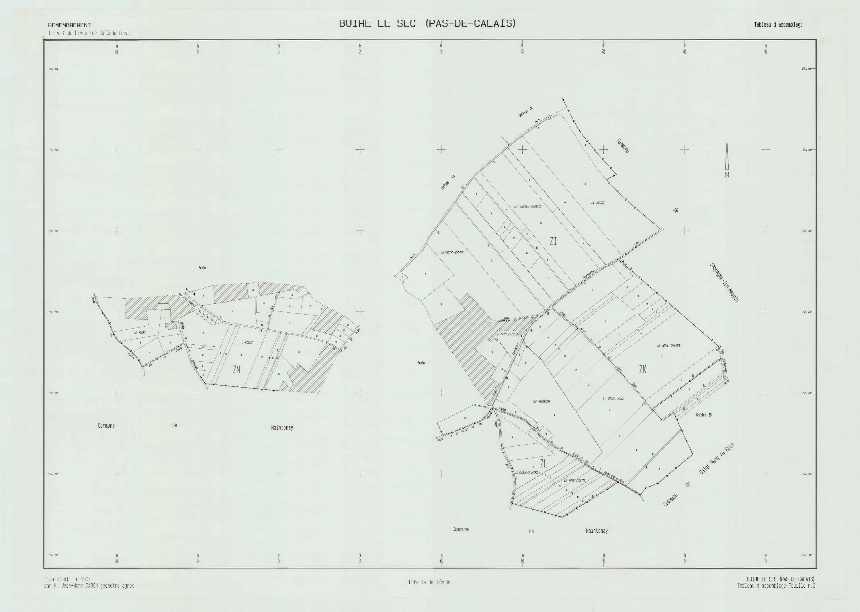 Buire-le-Sec - Plan cadastral : tableau d'assemblage postérieur au remembrement.