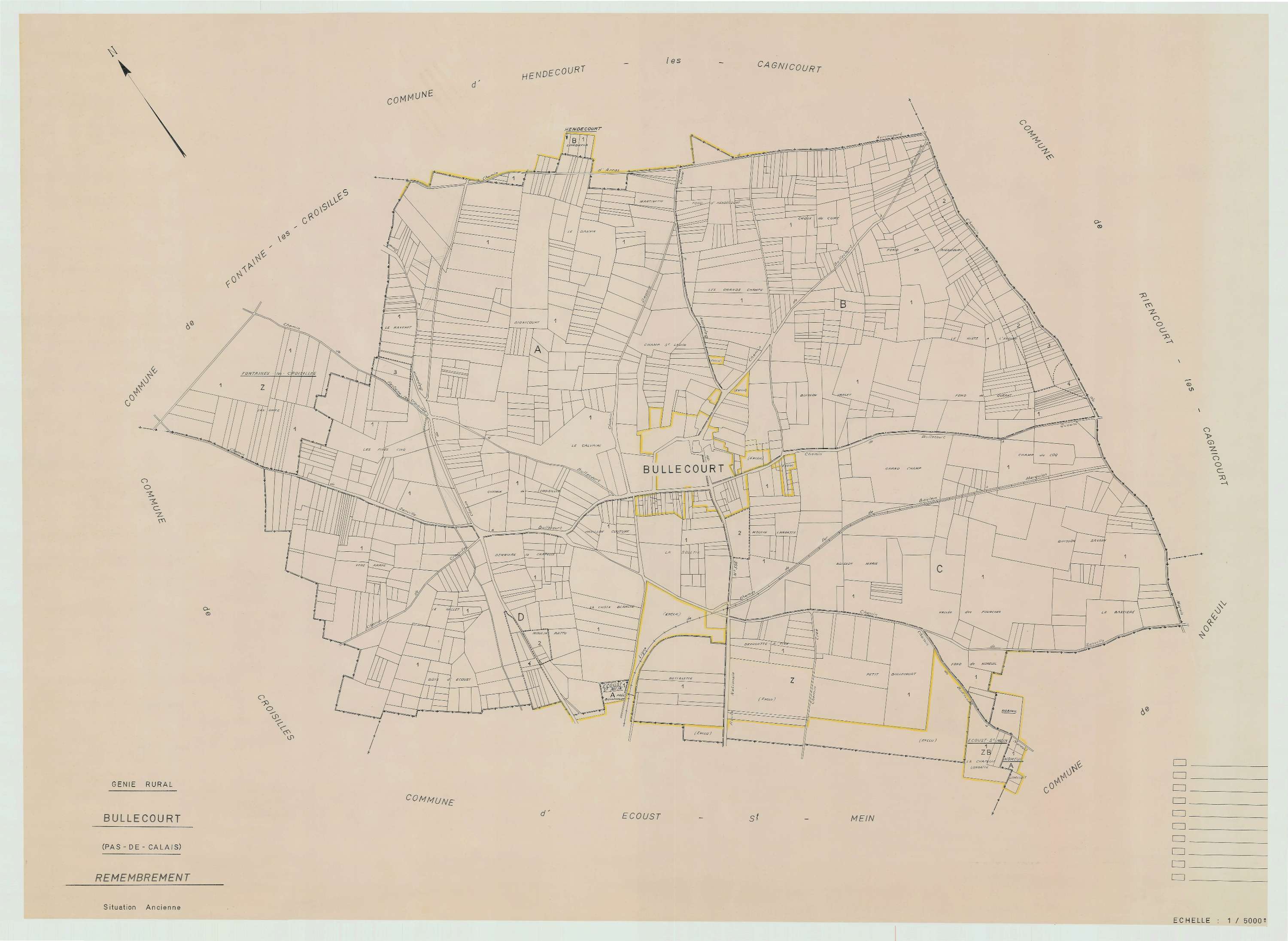 Bullecourt - Plan cadastral : tableau d'assemblage antérieur au remembrement.