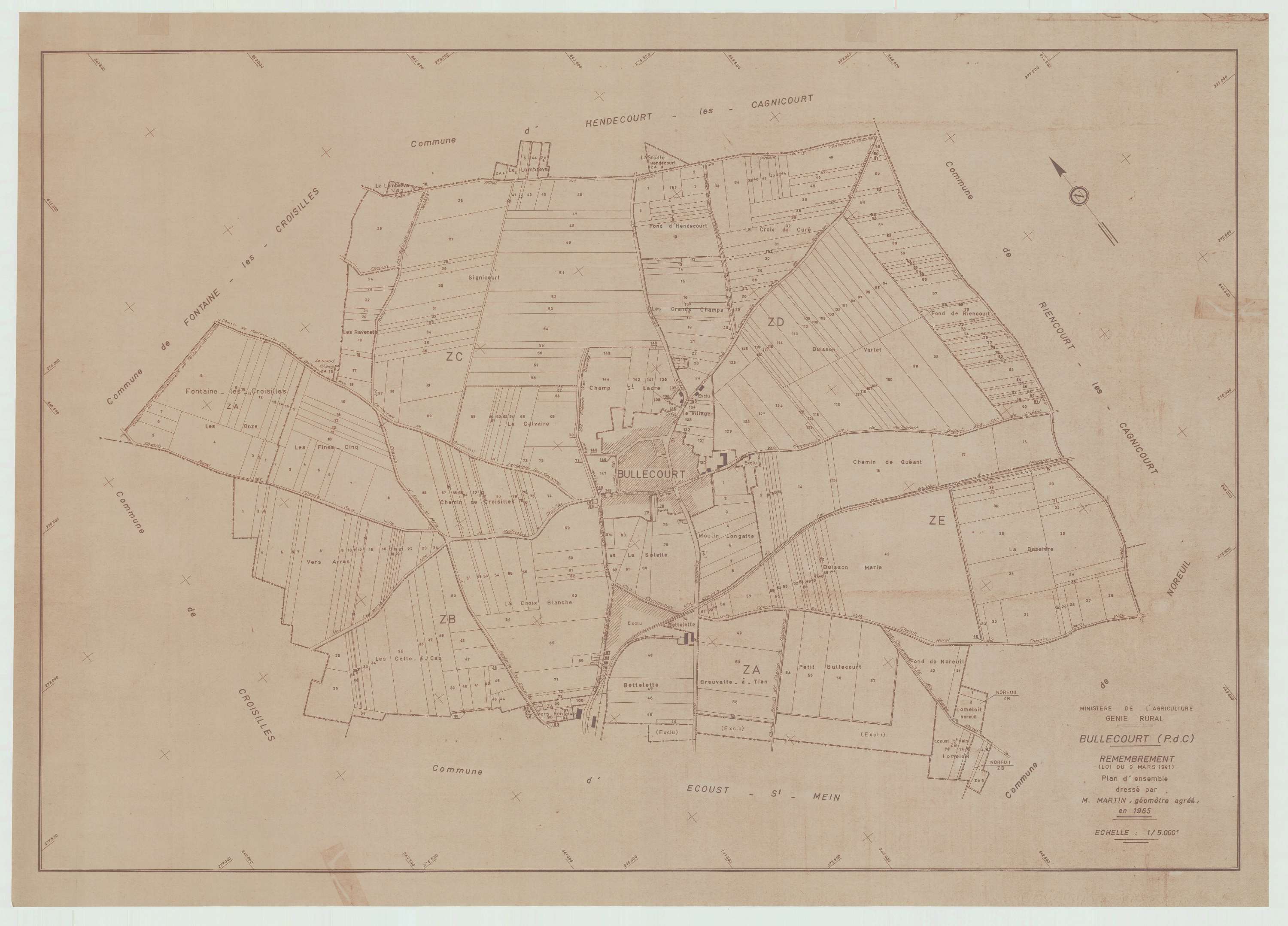 Bullecourt - Plan cadastral : tableau d'assemblage postérieur au remembrement.