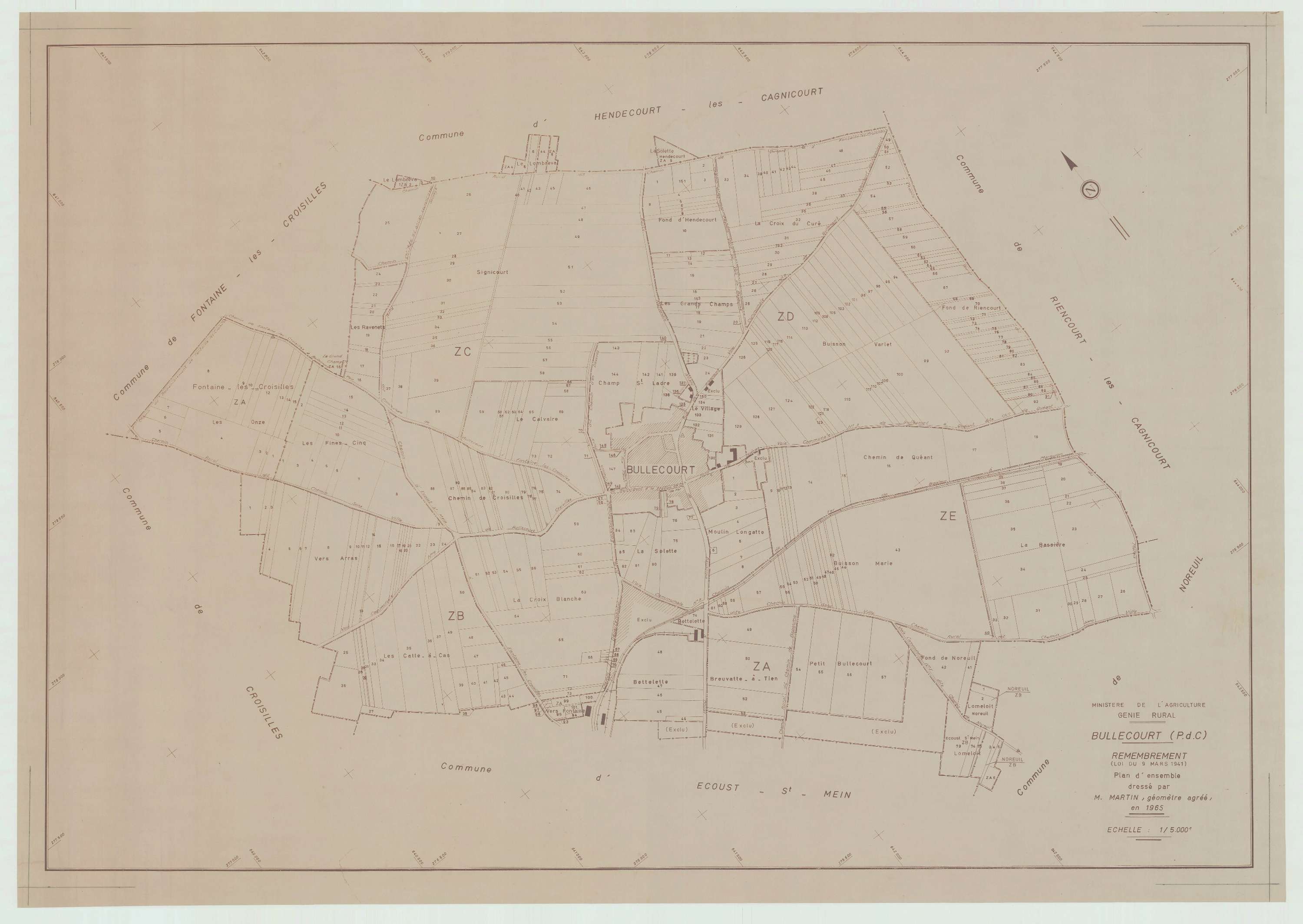 Bullecourt - Plan cadastral : tableau d'assemblage postérieur au remembrement.