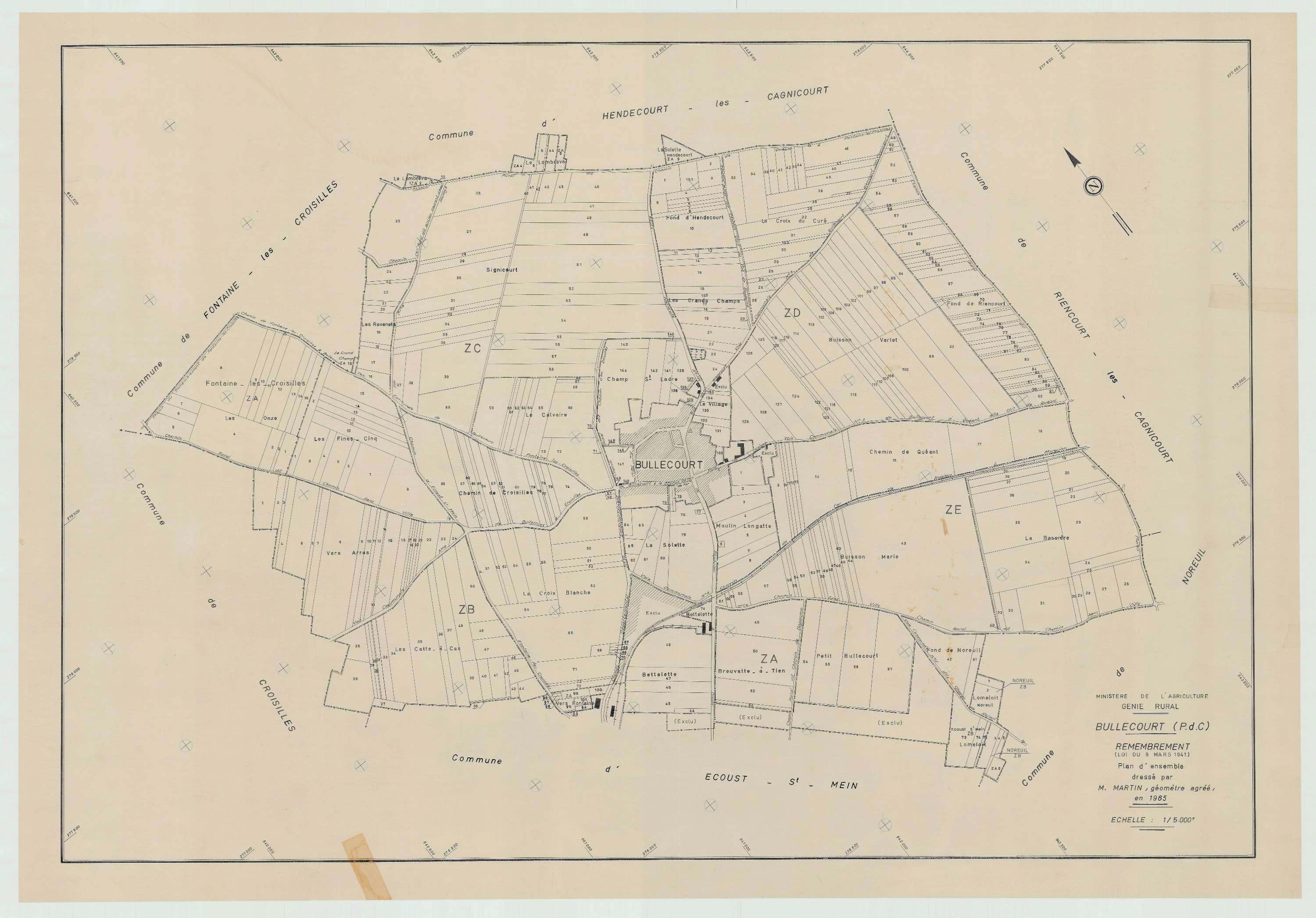 Bullecourt - Plan cadastral : tableau d'assemblage postérieur au remembrement.