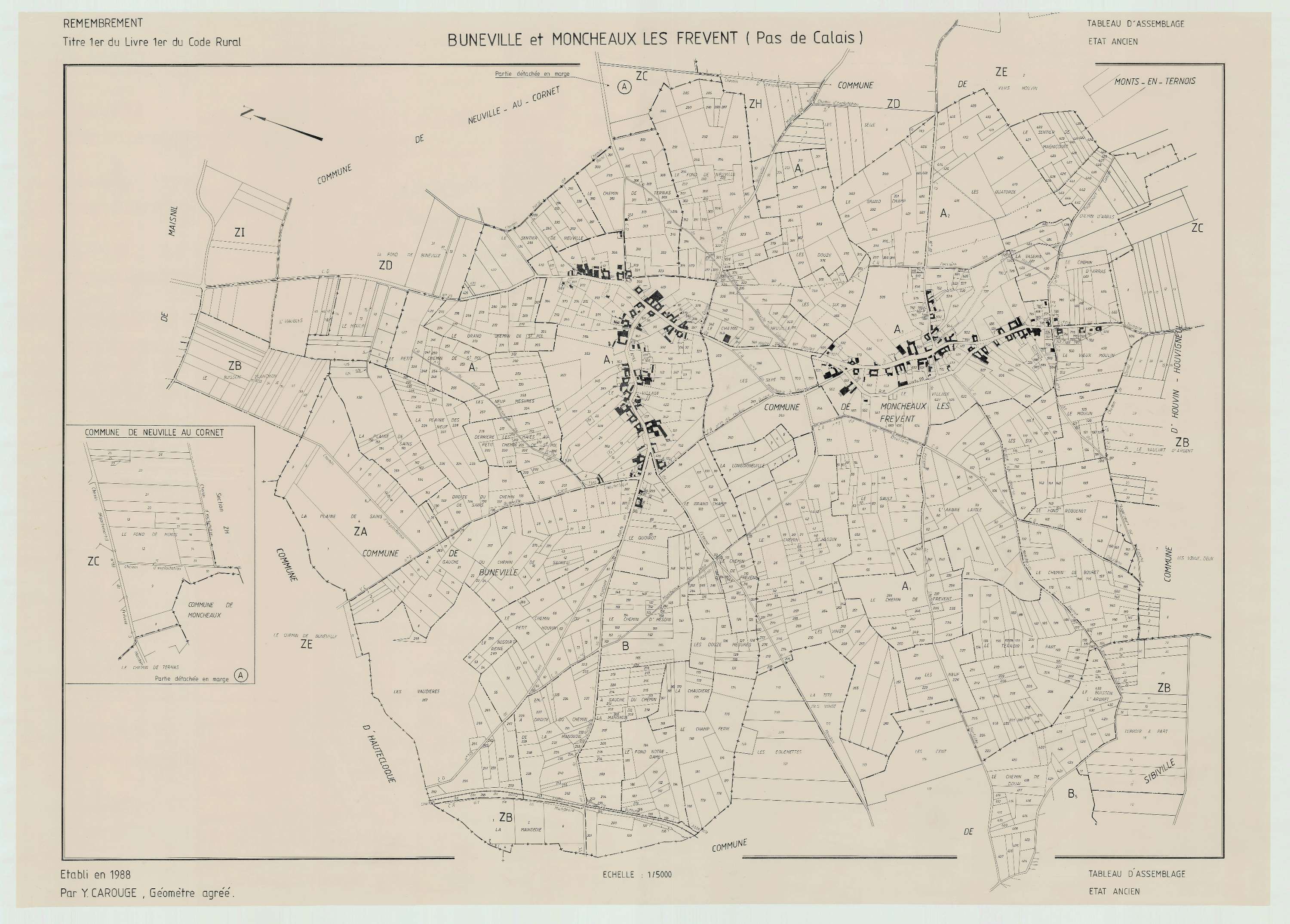 Buneville - Plan cadastral : tableau d'assemblage antérieur au remembrement.