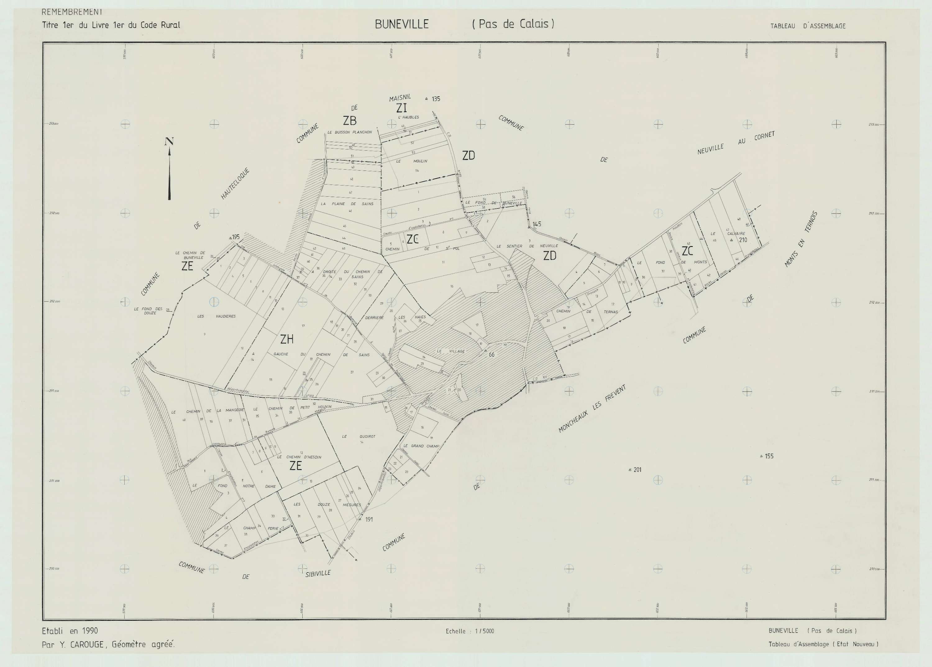 Buneville - Plan cadastral : tableau d'assemblage postérieur au remembrement.