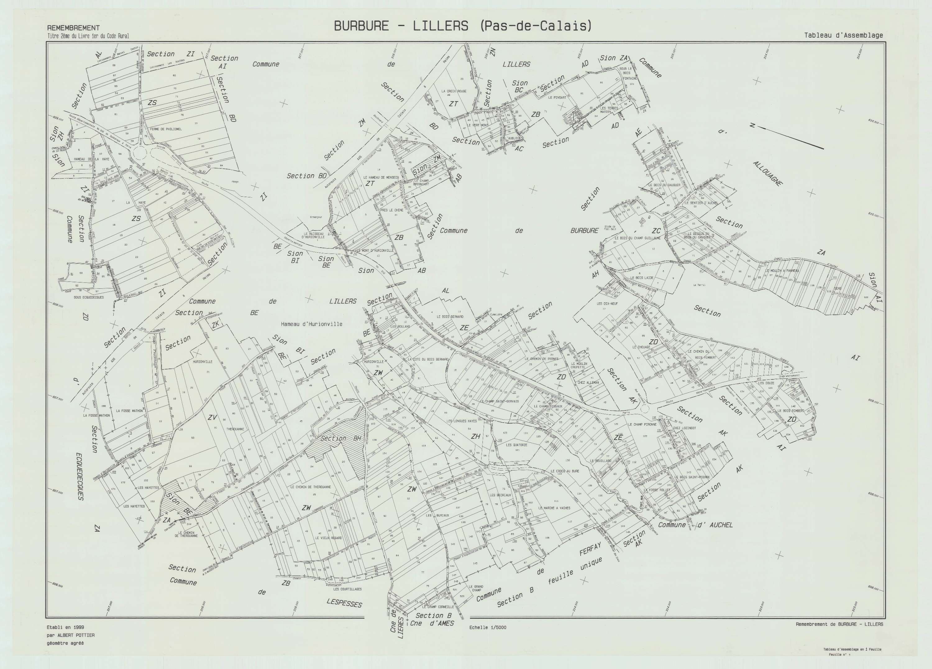 Burbure - Plan cadastral : tableau d'assemblage postérieur au remembrement.