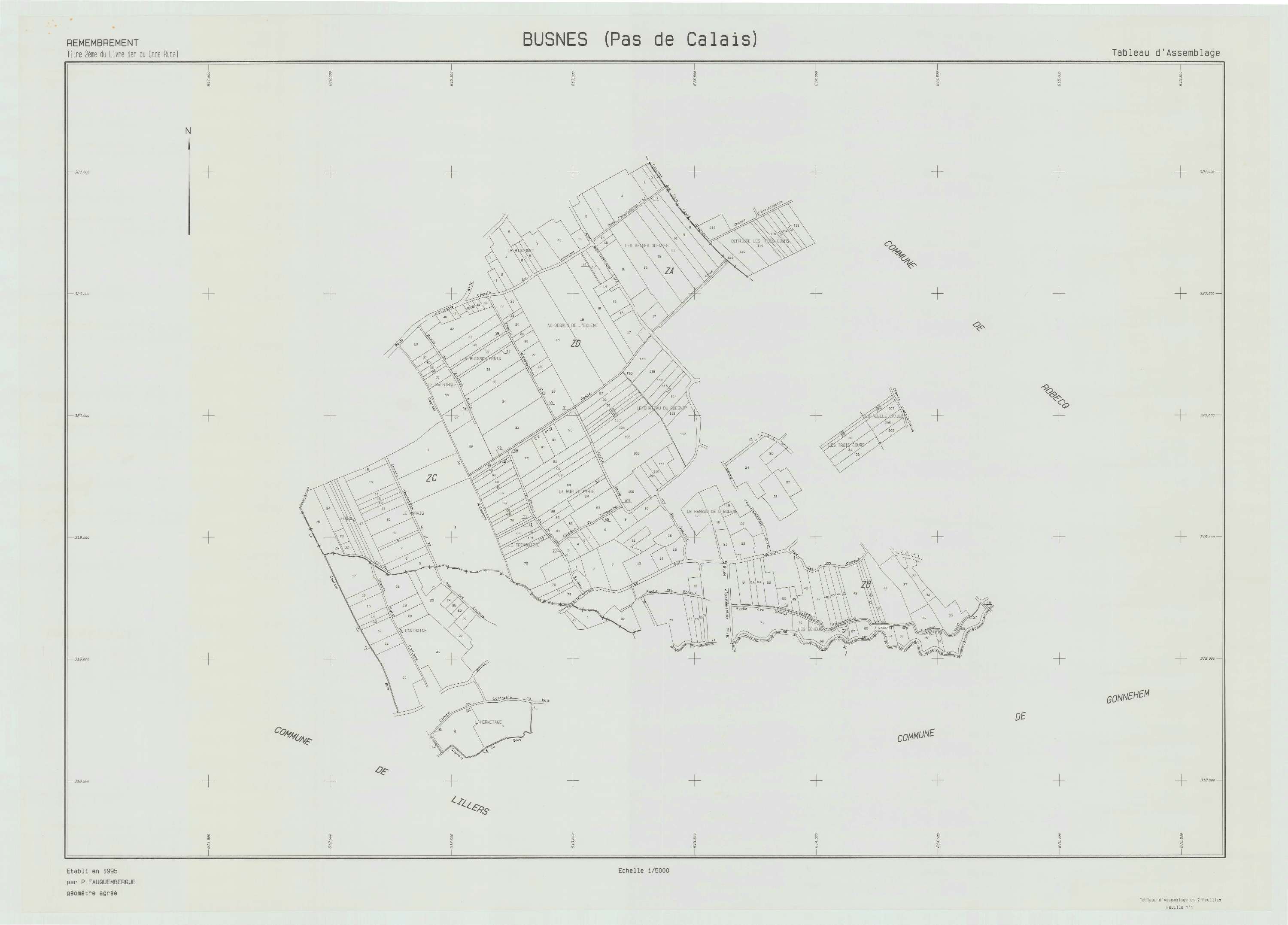 Busnes - Plan cadastral : tableau d'assemblage postérieur au remembrement.